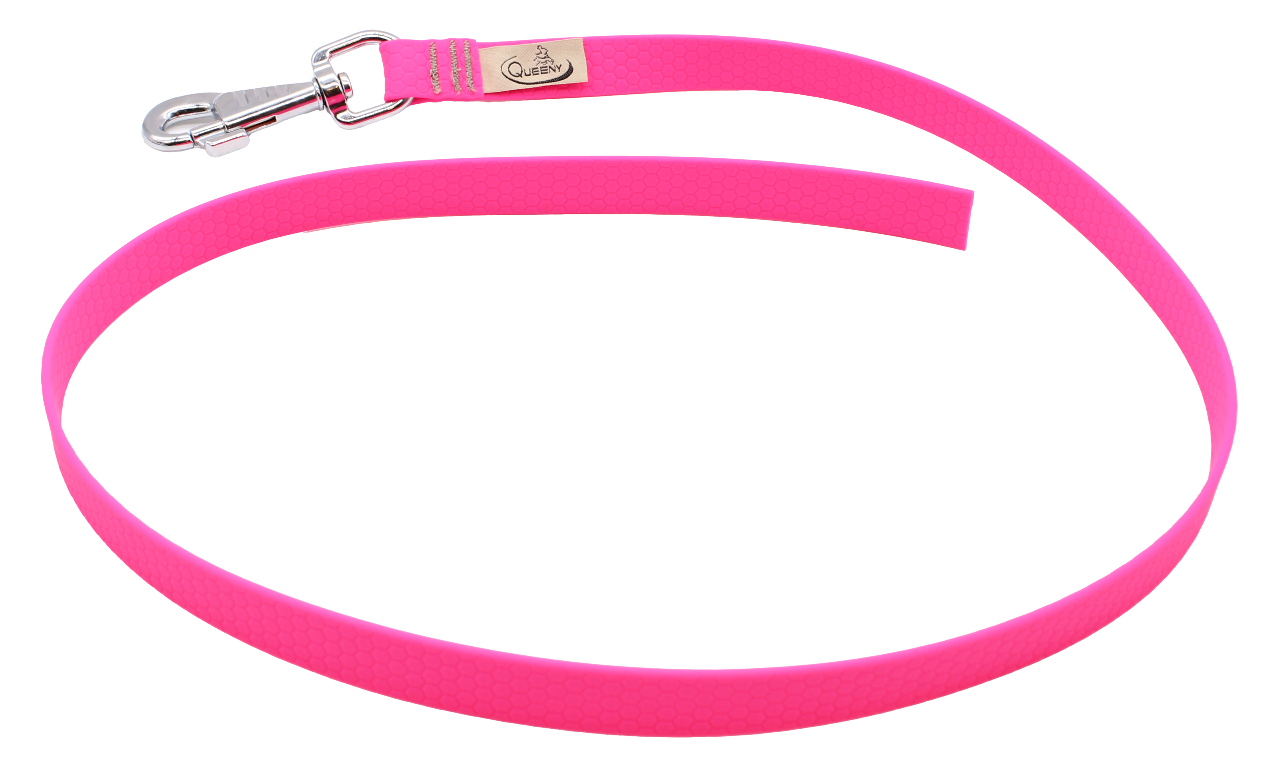 Hundeleine in Neonrosa mit strukturierter Oberfläche, Metallkarabiner am Ende und kleinem Label nahe dem Verschluss.