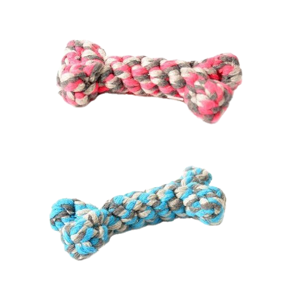 Zwei geflochtene Hundespielzeuge in Knochenform. Eines in Rosa, Grau und Weiß, das andere in Blau, Grau und Weiß. Die Struktur wirkt fest und textilartig.