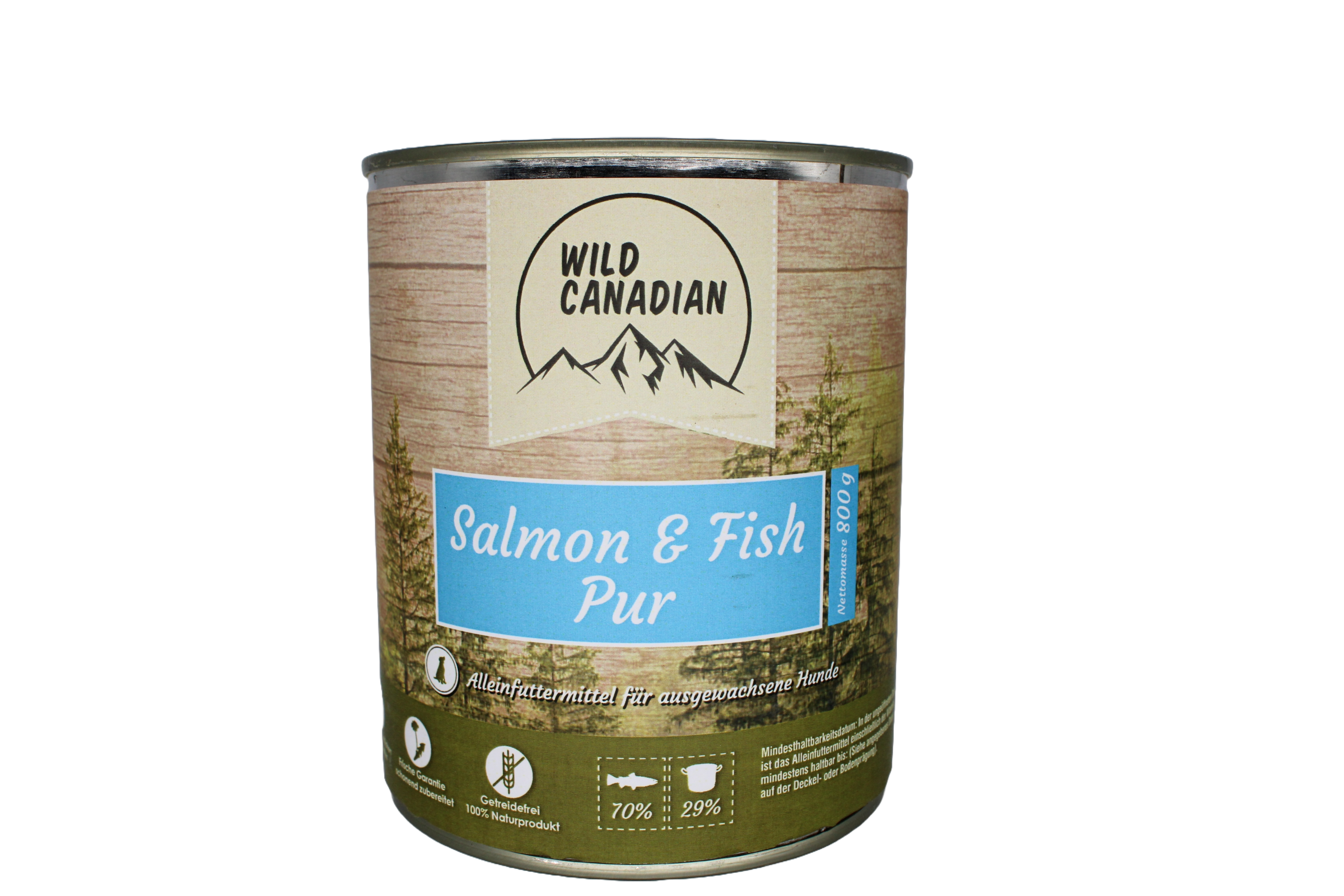 Eine Hundefutterdose mit braun-grünem Etikett und der Aufschrift „Salmon & Fish Pur“. Aufdruck zeigt Symbolbilder von Fisch, Becher und Getreideähre auf hellgrünem Boden.