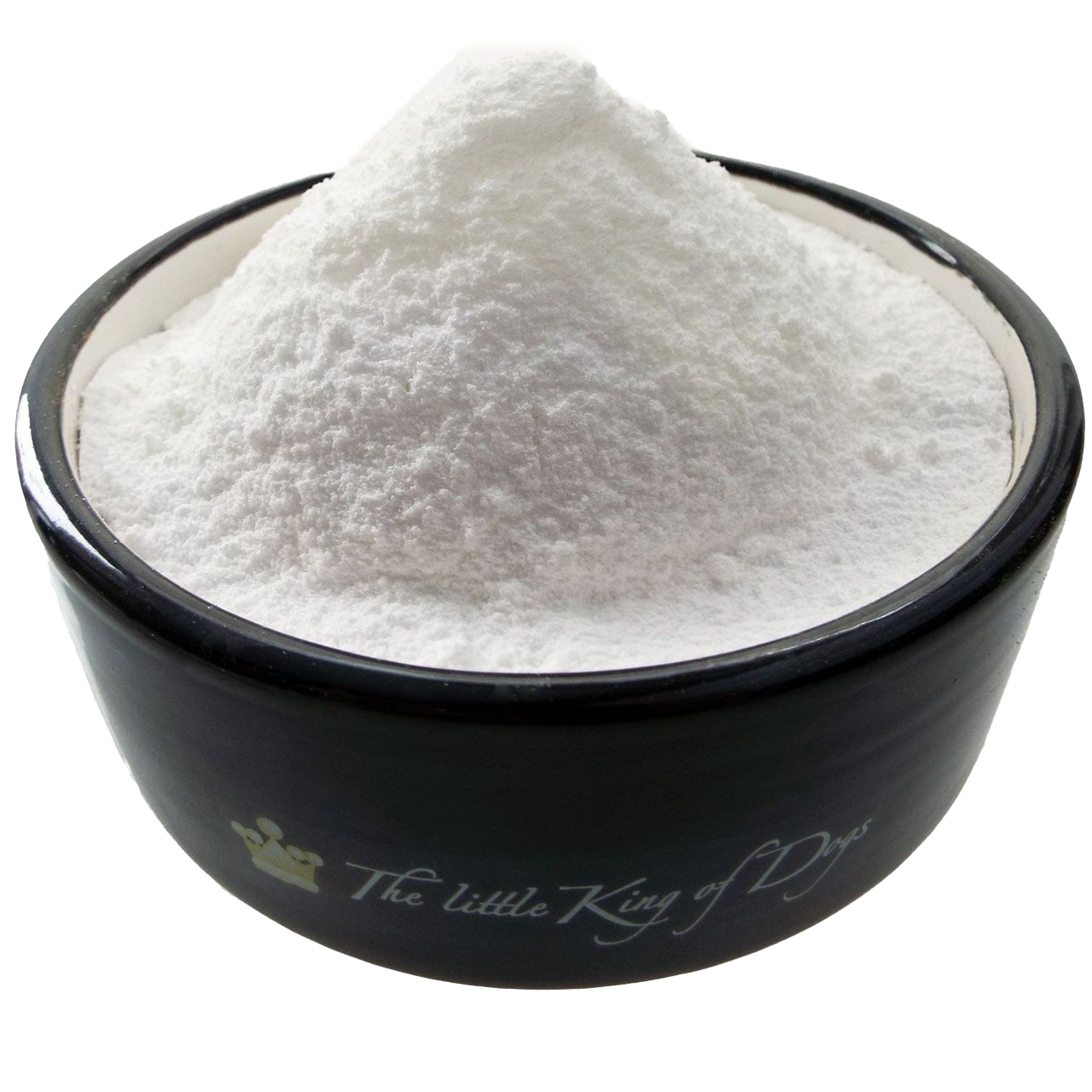 Ein feines, schneeweißes Pulver in Kegelform, eingefüllt in einen dunkelblauen Keramiknapf mit heller Innenwand.