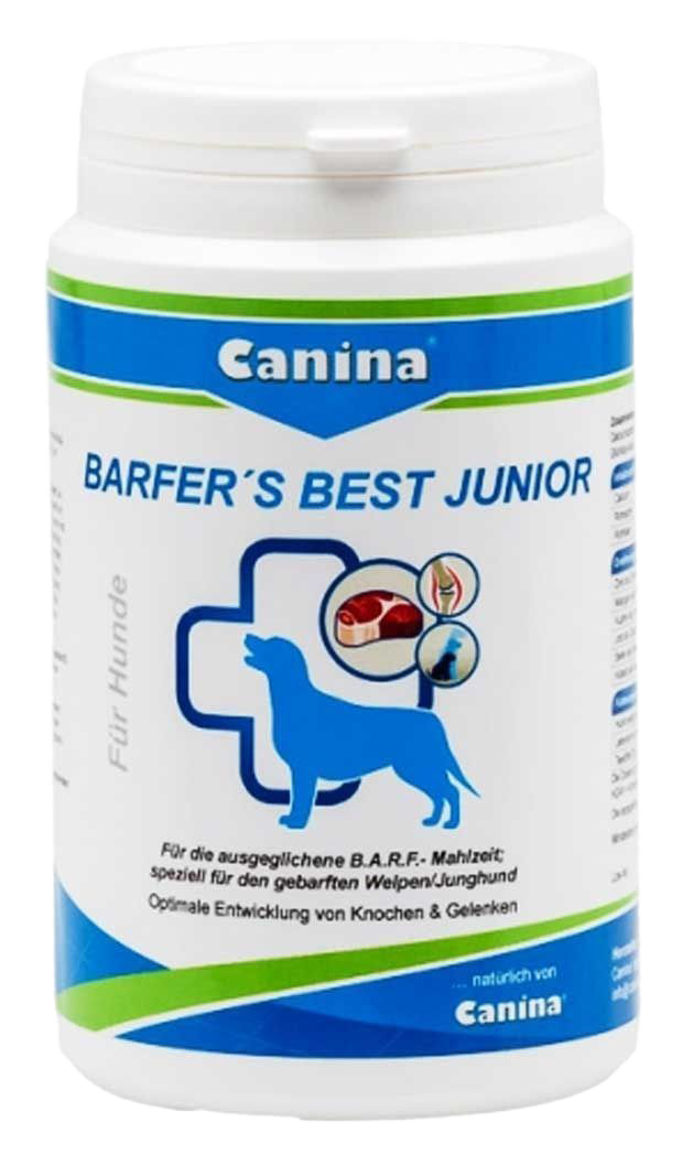Weiße Dose mit blau-grüner Aufschrift „Canina BARFER'S BEST JUNIOR“. Abbildung eines Hundes vor Kreuzsymbol, dazu Icons für Fleisch, Fisch und Nährstoffe