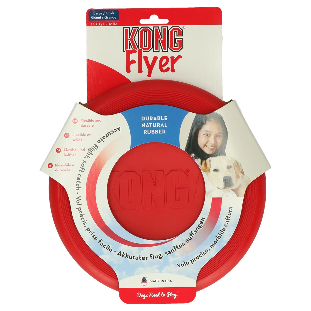 Roter Wurfring aus flexiblem Gummi mit glatter Oberfläche. Verpackung zeigt runde Form mit leicht gewölbtem Rand und betont Strapazierfähigkeit und weichen Fang.