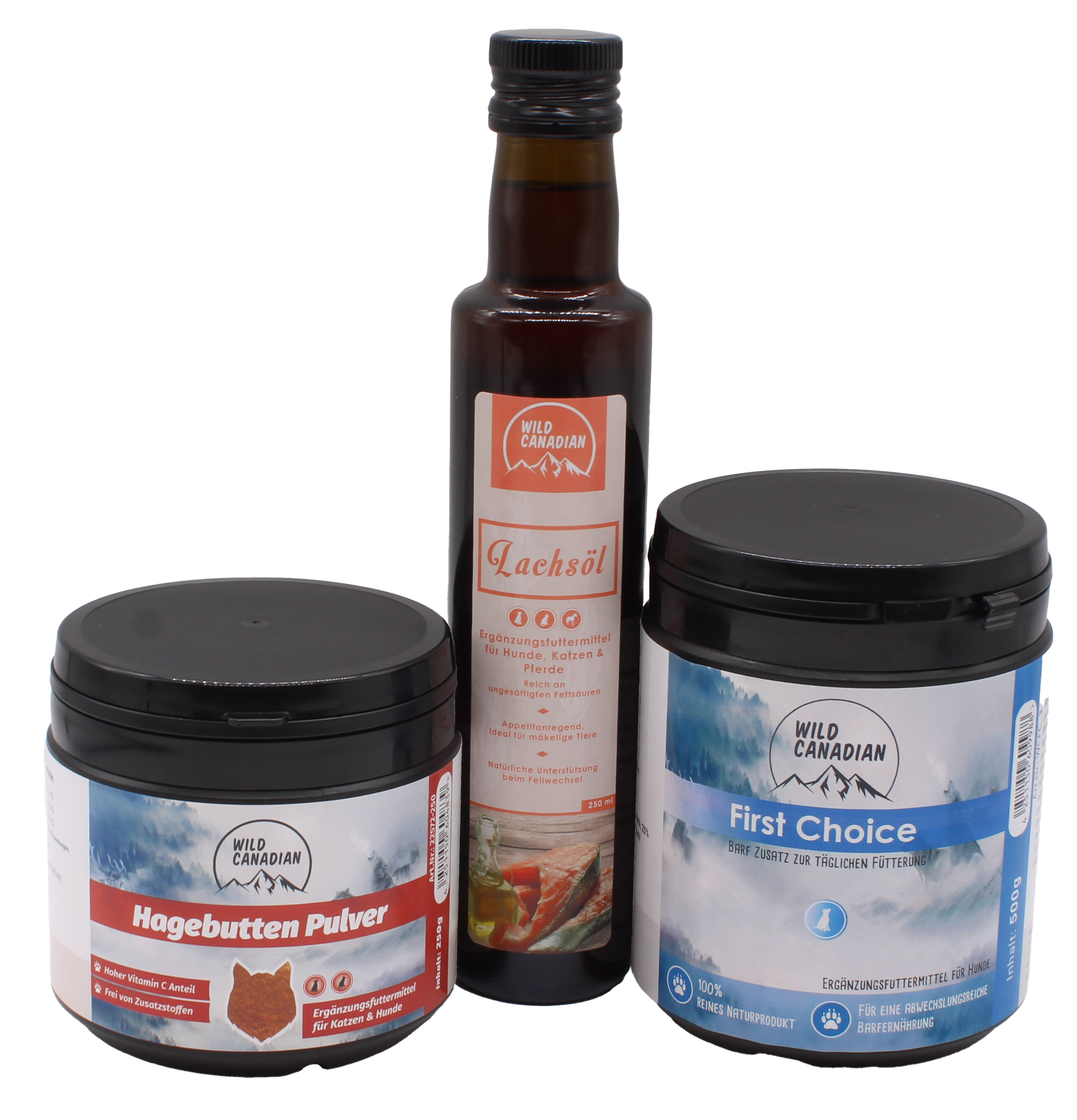 Sparset Startklar - Zusätze Drei Wild-Canadian-Produkte: eine braune Glasflasche mit Lachsöl in der Mitte, flankiert von zwei schwarzen Kunststoffdosen mit blauem und rotem Etikett für First Choice und Hagebutten Pulver.