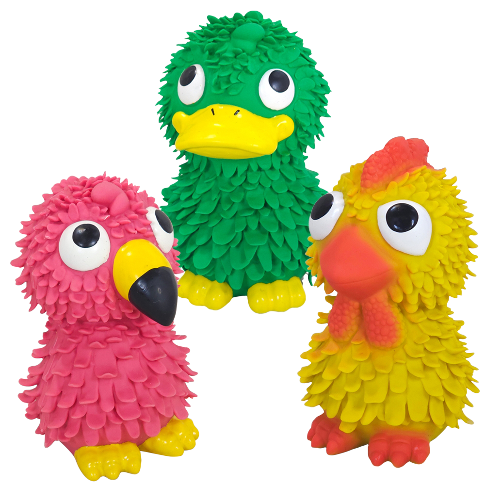 Drei bunte Vogel-Figuren mit großen Augen und strukturierter Oberfläche, Farbe: pink, grün und gelb.