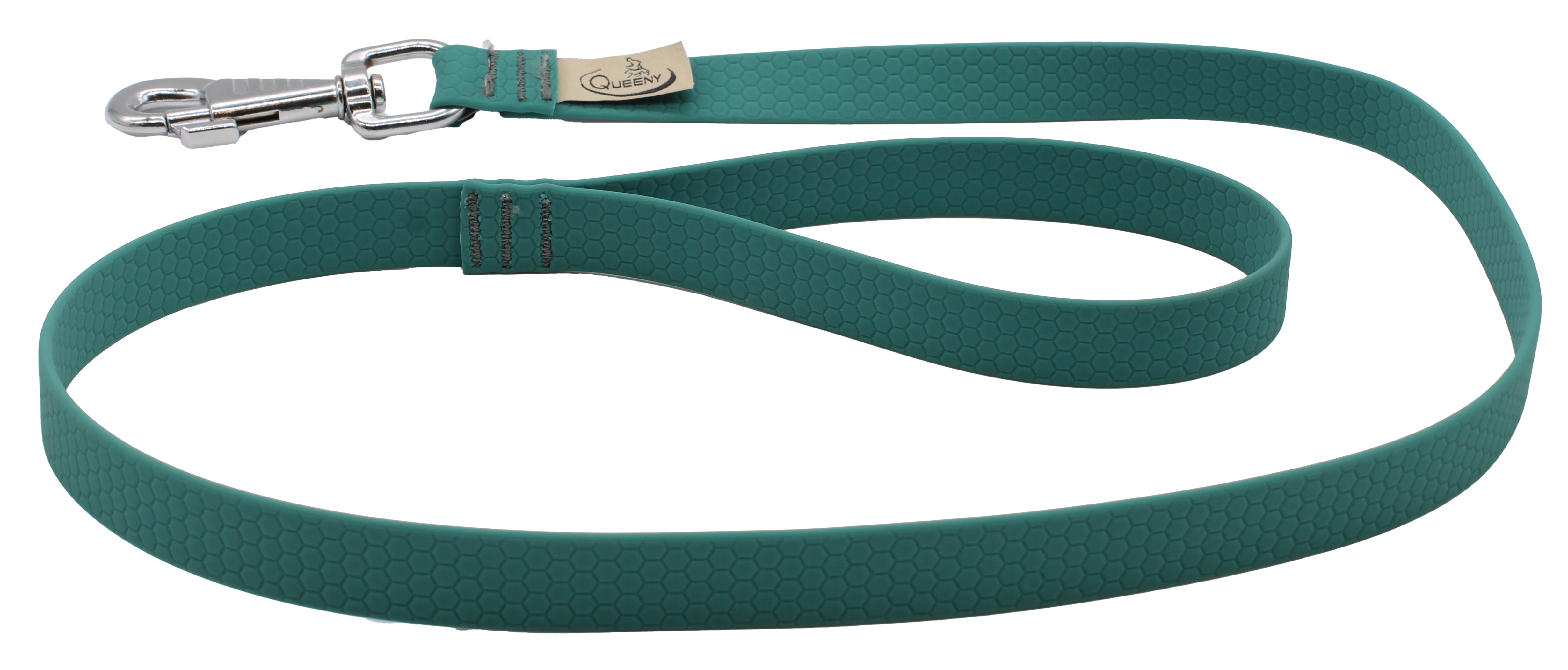 Hundeleine in jägergrüner Farbe mit strukturierter Oberfläche, Metallkarabiner am Ende und kleinem Label nahe dem Verschluss.