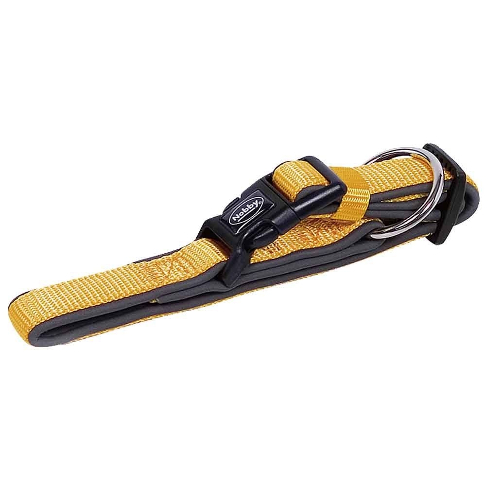  Oranges Hundehalsband mit schwarzer Kunststoffschnalle und Metall-D-Ring; glatte Oberfläche, Markenschriftzug auf der Schnalle.