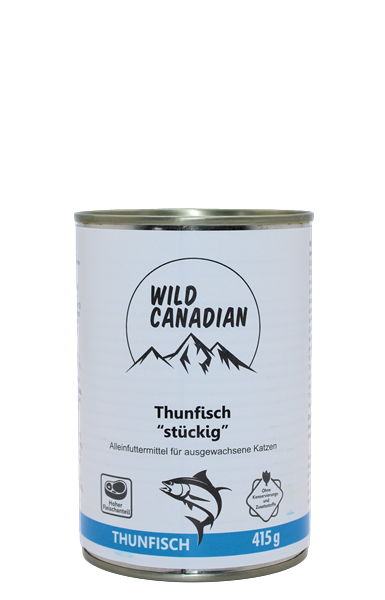 Wild Canadian Katzenfutter Thunfisch Stückig 415g Zylindrische Dose mit Katzenfutter, weißes Etikett mit Bergmotiv und Fischillustration; metallischer Deckel, schlichtes Design.