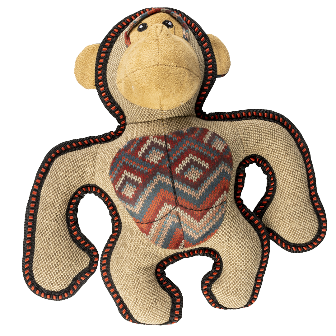 Hundespielzeug in Affenform aus beigem Stoff mit strukturierter Oberfläche. Lange Gliedmaßen mit schwarzer und orangefarbener Naht, gemusterter Brustbereich, gesticktes Gesicht.
