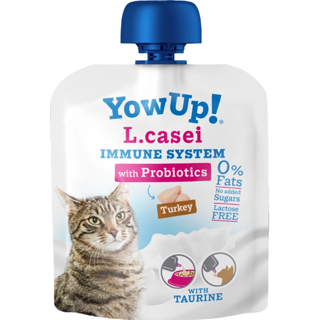 Katzenfutterbeutel mit Aufdruck, türkisfarbenem Design und Abbildung eines Truthahns, beworben mit probiotischen Inhaltsstoffen.