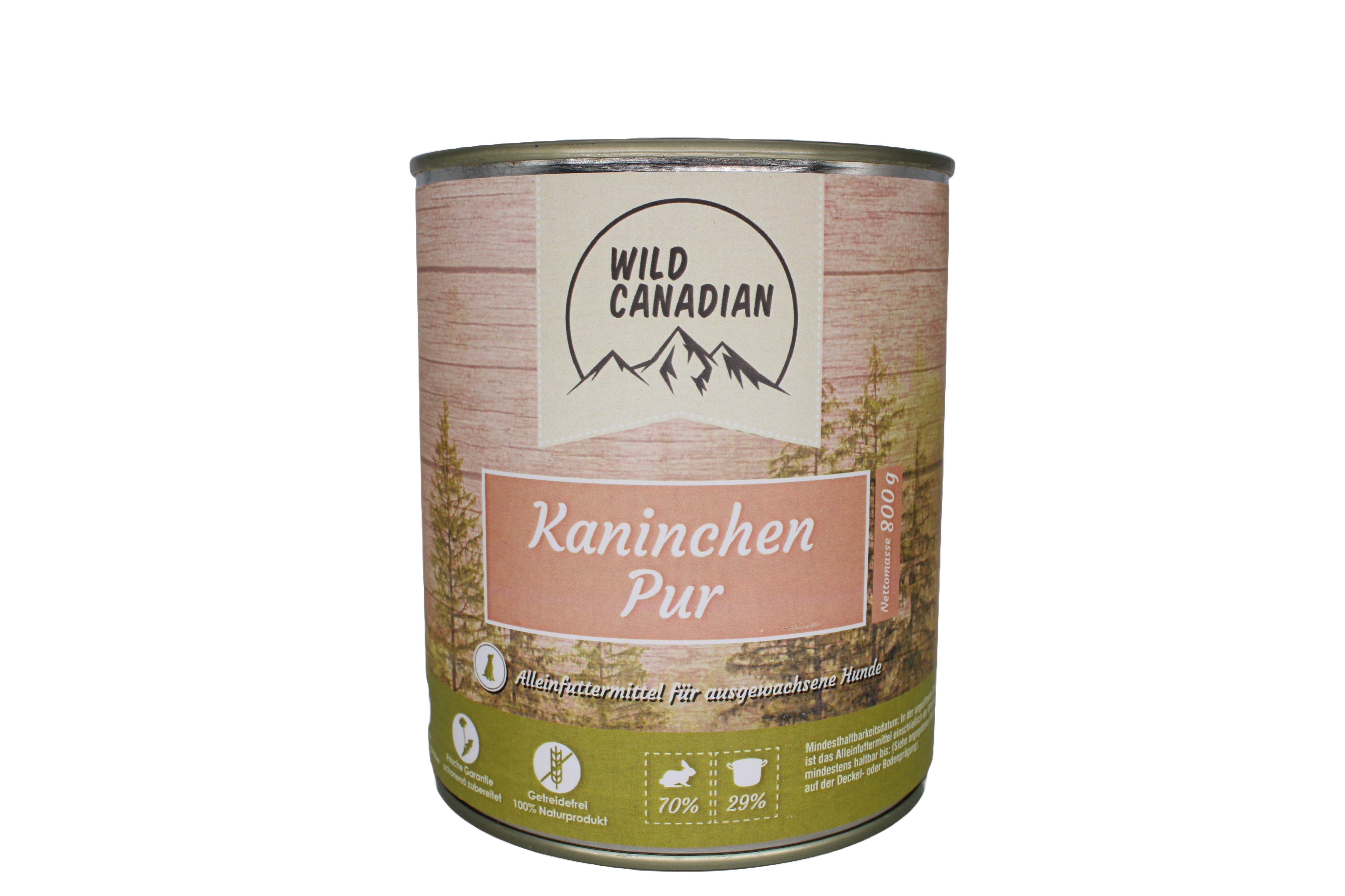 Eine Futterdose mit hellblauem Etikett und der Aufschrift „Kaninchen Pur“. Unterer Bereich in Blau mit Symbolen, Fleischanteilen und Angaben zu Zutaten und Zubereitung.