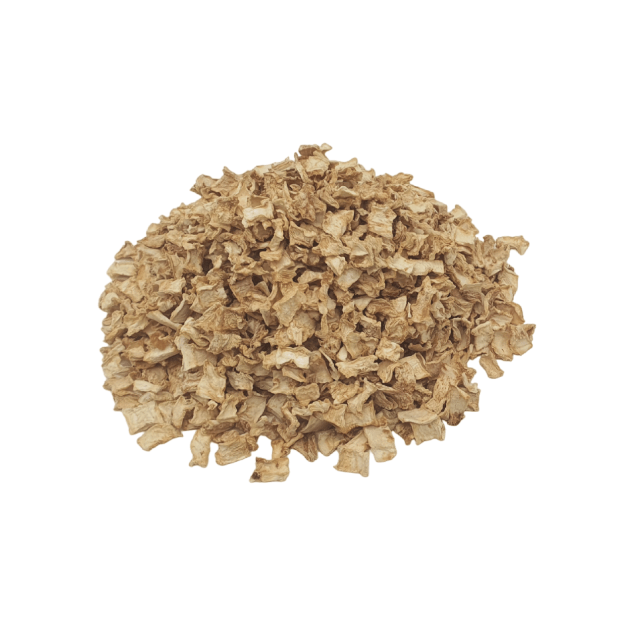 Ein Haufen beige-brauner Gemüsestücke mit unregelmäßiger, gewellter Oberfläche. Die getrockneten Stücke sind klein und leicht gebogen, lose auf weißem Hintergrund verteilt.