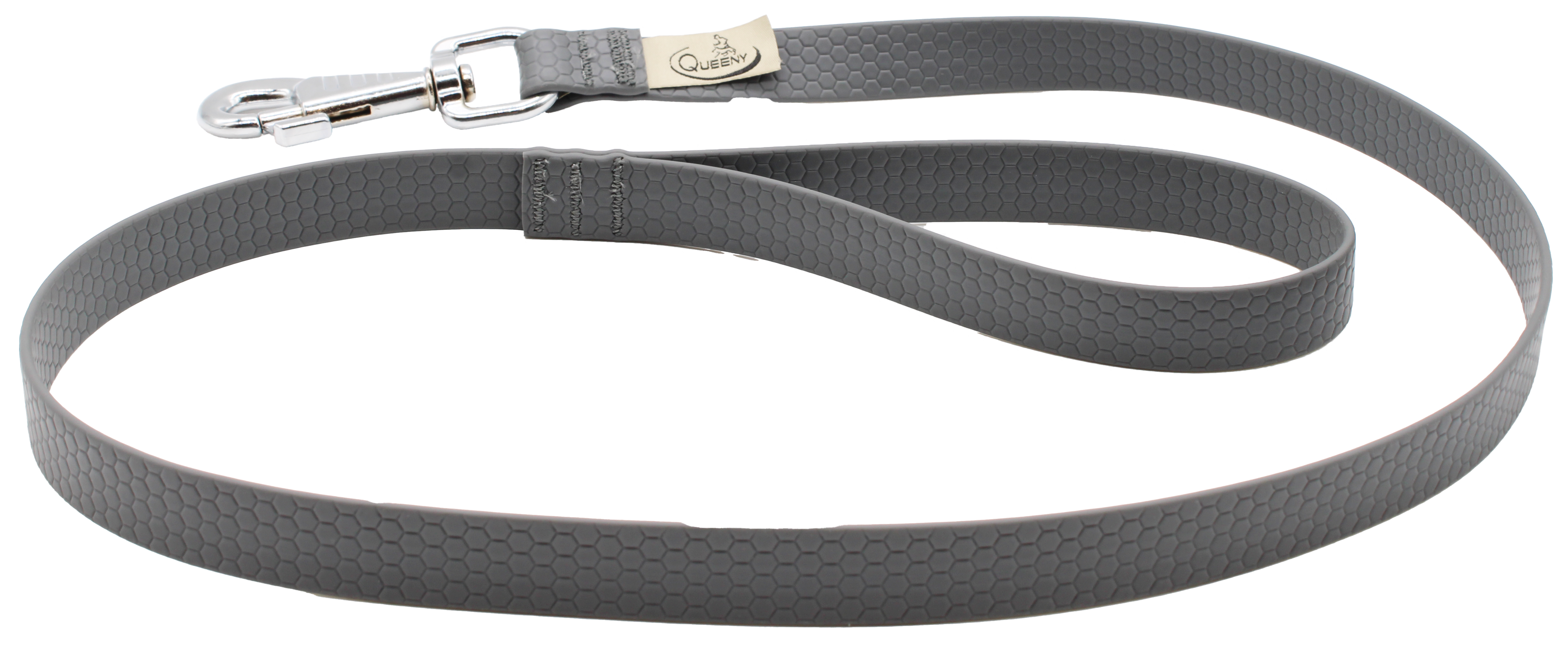 Hundeleine in grauer Farbe mit strukturierter Oberfläche, Metallkarabiner am Ende und kleinem Label nahe dem Verschluss.