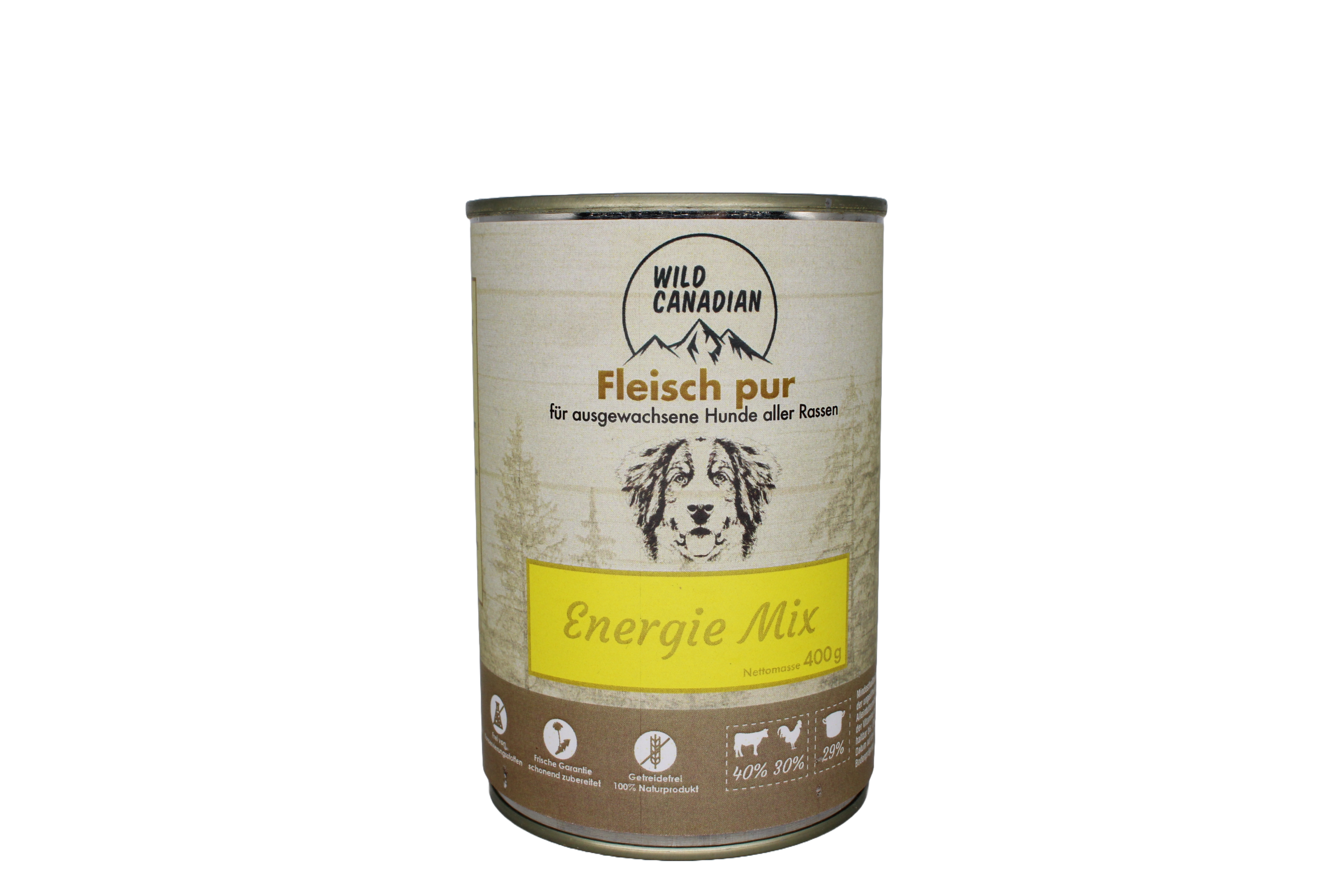 Eine Hundefutterdose mit beigem Etikett und der Aufschrift „Energie Mix“. Unten sind Symbolbilder von Rind, Geflügel und Becher auf braunem Hintergrund abgebildet.