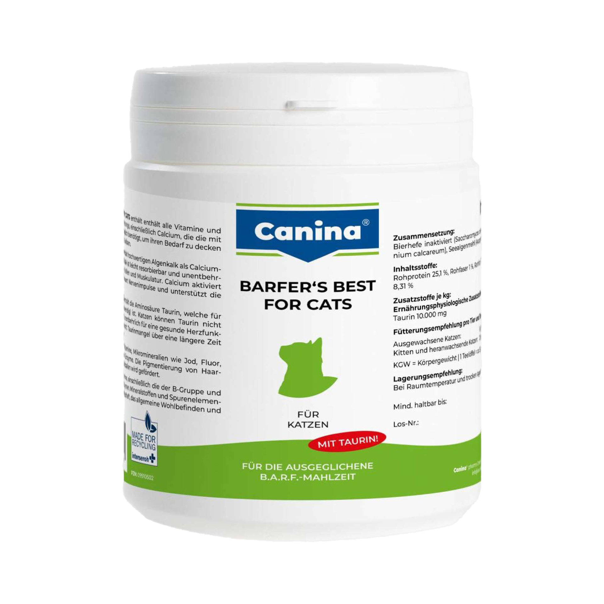 Weiße Dose mit blau-grüner Gestaltung. Aufschrift „Canina BARFER'S BEST – Für 100 Tage Komplementärfutter“. Abbildung eines Hundekopfs in der Mitte.