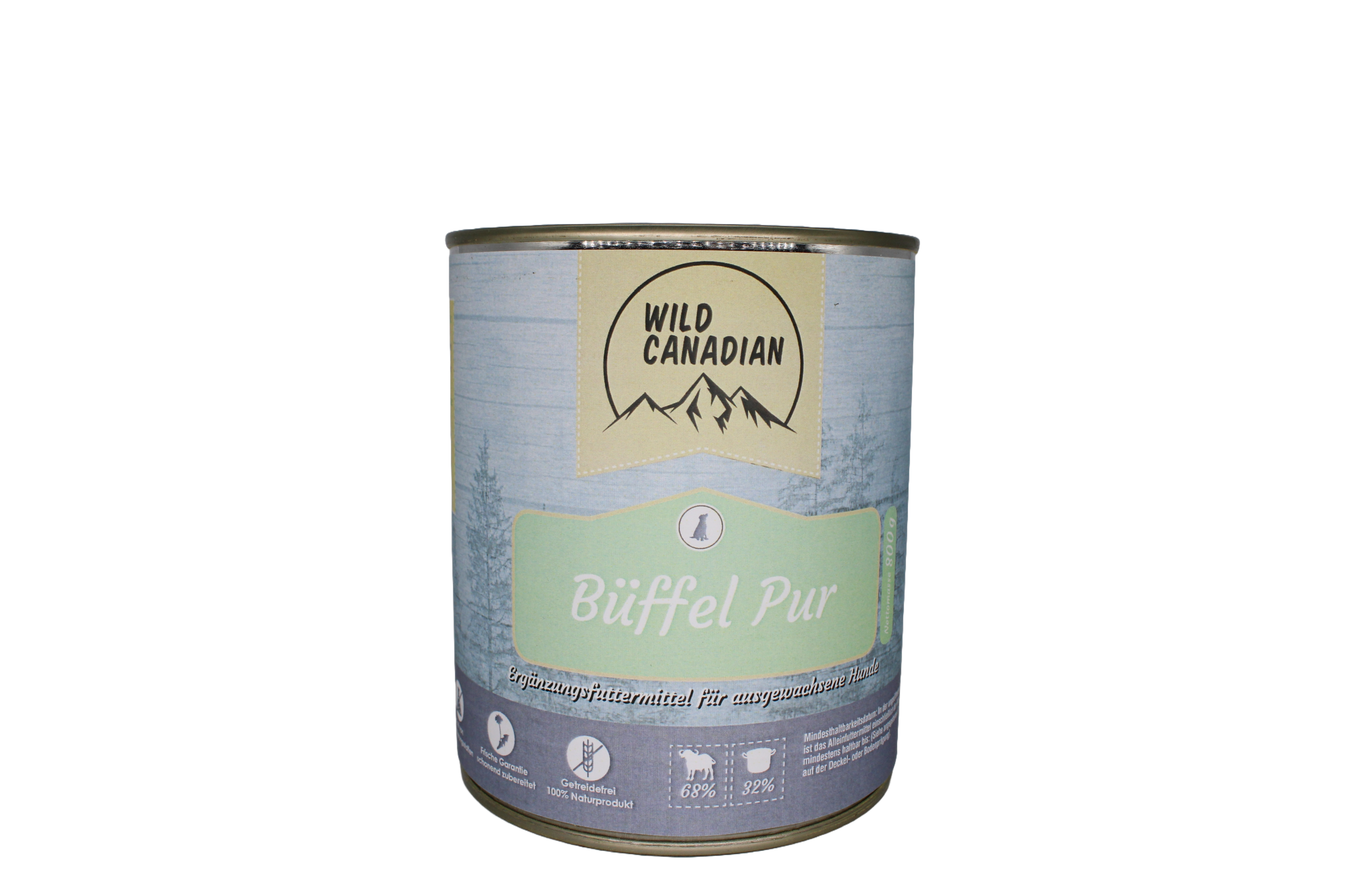 Eine zylindrische Futterdose mit hellblauem Etikett und der Aufschrift „Wild Canadian – Büffel Pur“. Unten sind ein grüner Bereich mit Produktname, Symbolgrafiken und Fütterungshinweisen sichtbar.