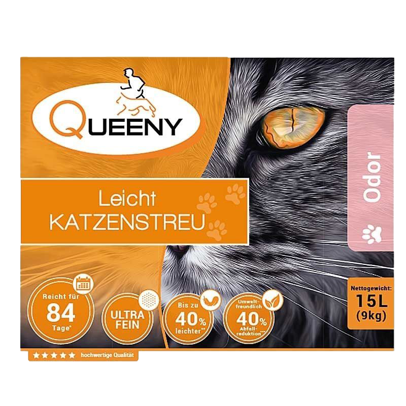 Verpackung Queeny Katzenstreu mit Bild einer Katze mit orangefarbenen Augen, Aufschrift ‚Leicht Katzenstreu‘ und Angaben zu Ergiebigkeit, Gewicht und Umweltfreundlichkeit.