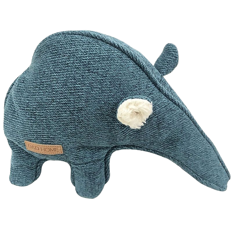 Blaues Hundespielzeug aus Stoff in Form eines Ameisenbären mit vier Beinen, langem Rüssel und kleinen Ohren.