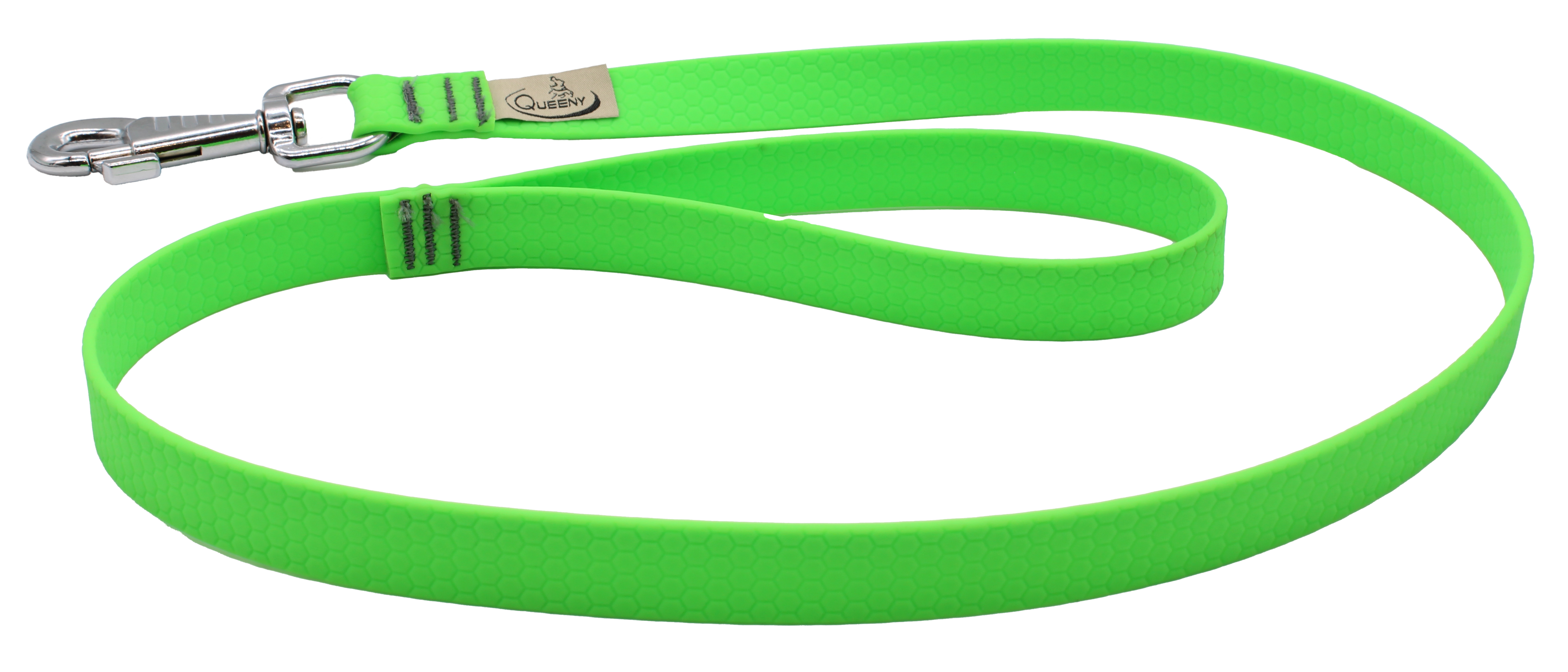 Hundeleine in Neongrün mit strukturierter Oberfläche, Metallkarabiner am Ende und kleinem Label nahe dem Verschluss.