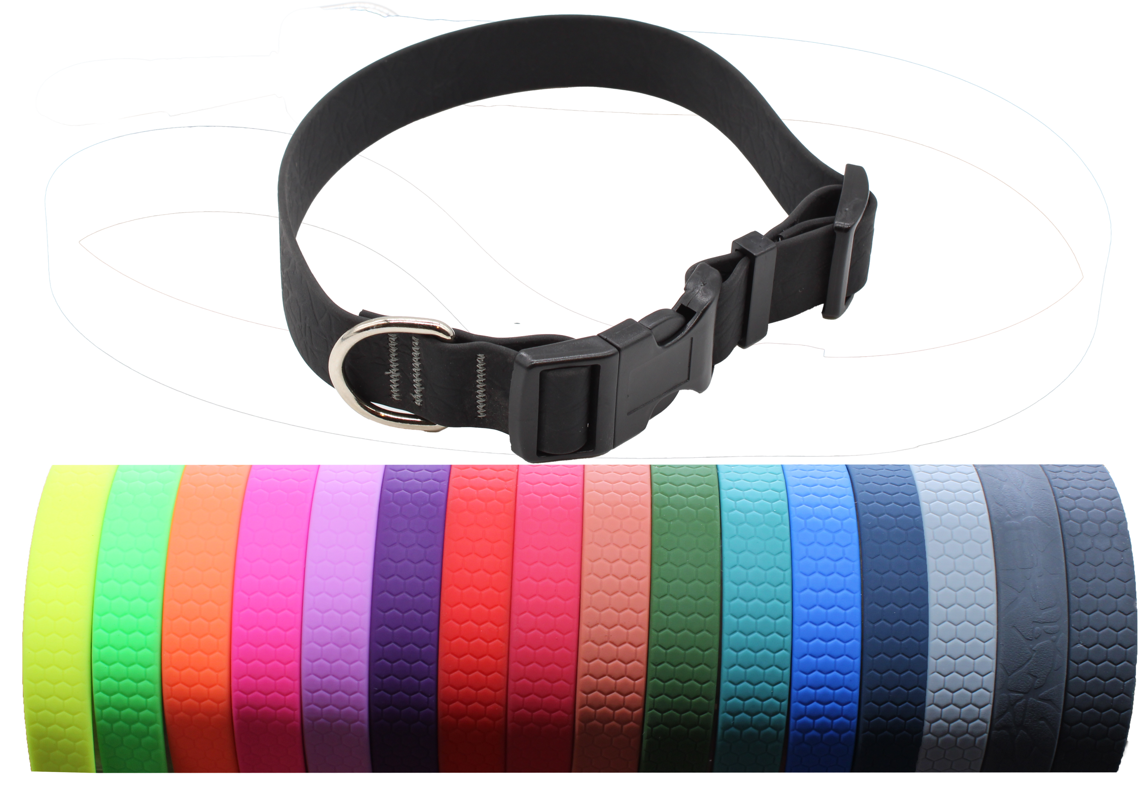 Ein schwarzes Hundehalsband mit Steckverschluss aus Kunststoff und silbernem Metallring. Das Material wirkt glatt und leicht strukturiert. Verstellbare Länge durch Kunststoffschieber.