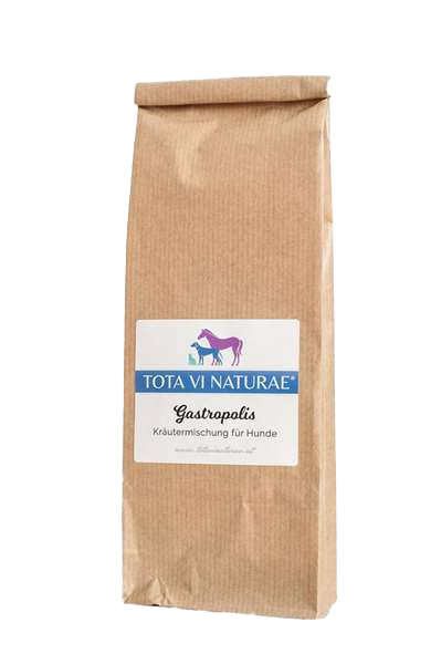 Braune Papiertüte mit Etikett, darauf Illustration eines lilafarbenen Pferdes, eines blauen Hundes und einer blauen Katze, unten weiße Pfote mit Schriftzug.