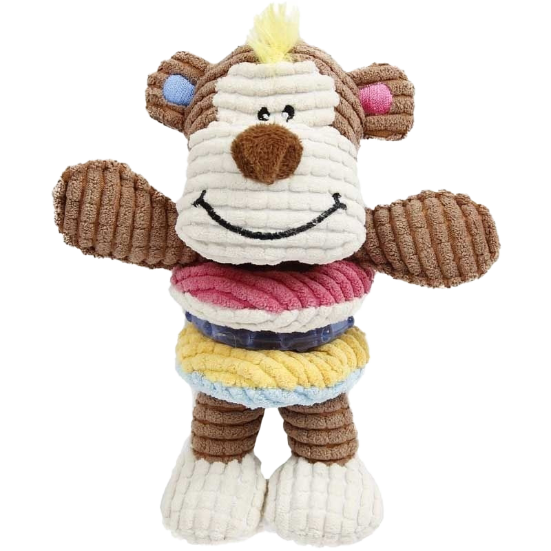 Plüschaffe mit braunem Körper, weißem Gesicht und Füßen, bunten Ringen um die Taille, gelber Haarbüschel, gesticktes Gesicht, strukturierter Stoff.