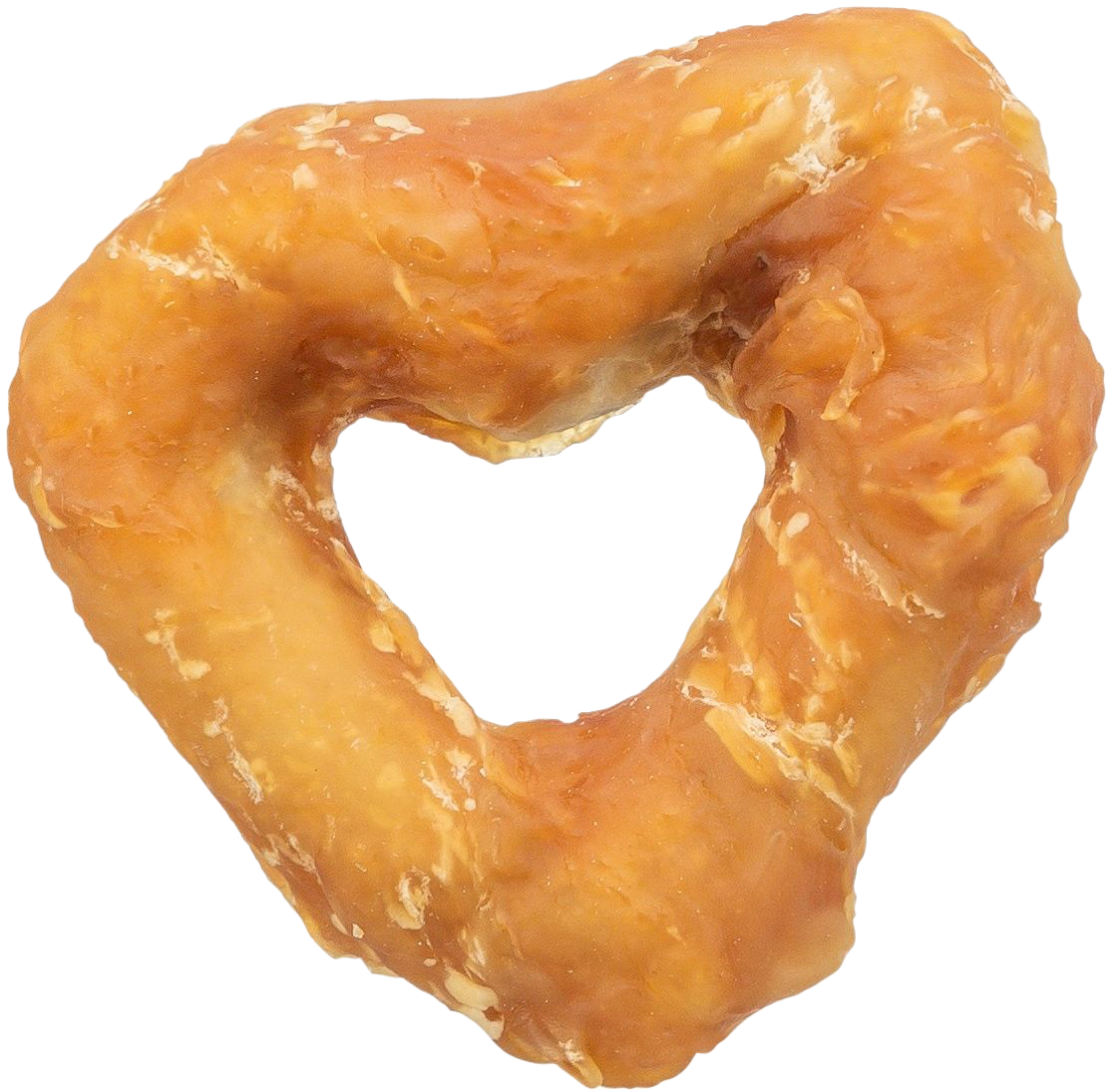 Ein getrockneter Kauartikel für Hunde in Donutform, hellbraun bis goldgelb gefärbt. Die Oberfläche wirkt leicht glänzend, unregelmäßig und zäh mit sichtbar faseriger Struktur.