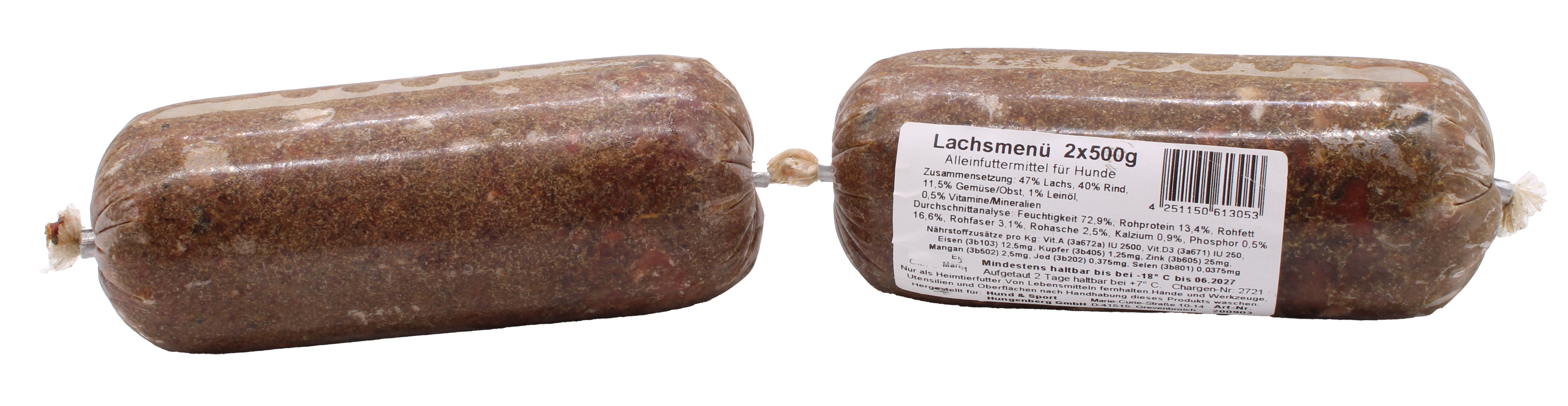 Zwei Frostfleischrollen mit dunkelbraunem, fein gewolftem Inhalt und helleren Fettspuren. Die Oberfläche wirkt glatt und leicht glänzend. Verpackt in einem nicht essbaren Kunstdarm.