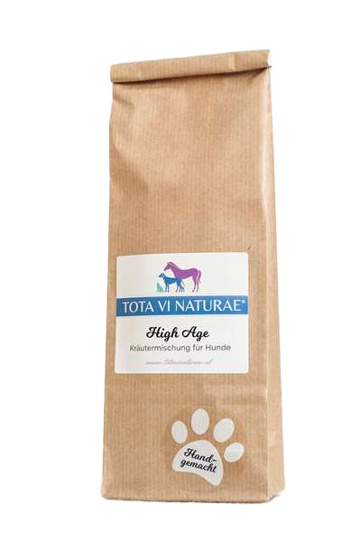 Braune Papiertüte mit Etikett, darauf Illustration eines lilafarbenen Pferdes, eines blauen Hundes und einer blauen Katze, unten weiße Pfote mit Schriftzug.