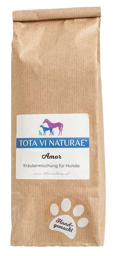 Braune Papiertüte mit Etikett, darauf Illustration eines lilafarbenen Pferdes, eines blauen Hundes und einer blauen Katze, unten weiße Pfote mit Schriftzug.