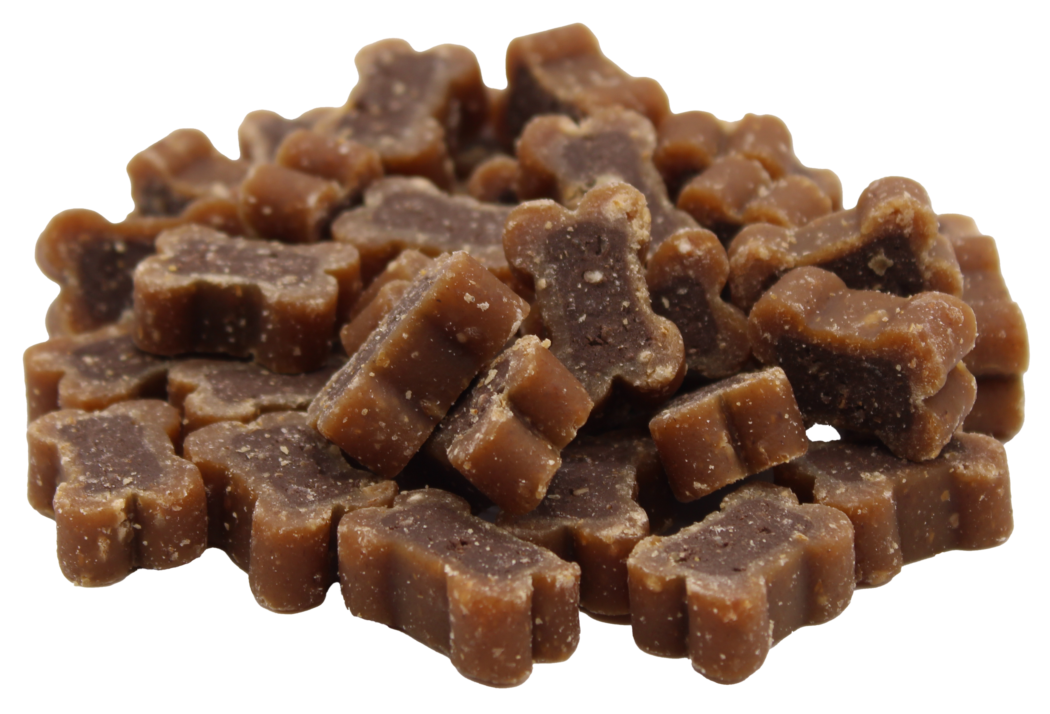 Knochenförmige Hunde-Leckerlis mit brauner Außenschicht und dunklem Zentrum. Die Snacks wirken weich in der Konsistenz