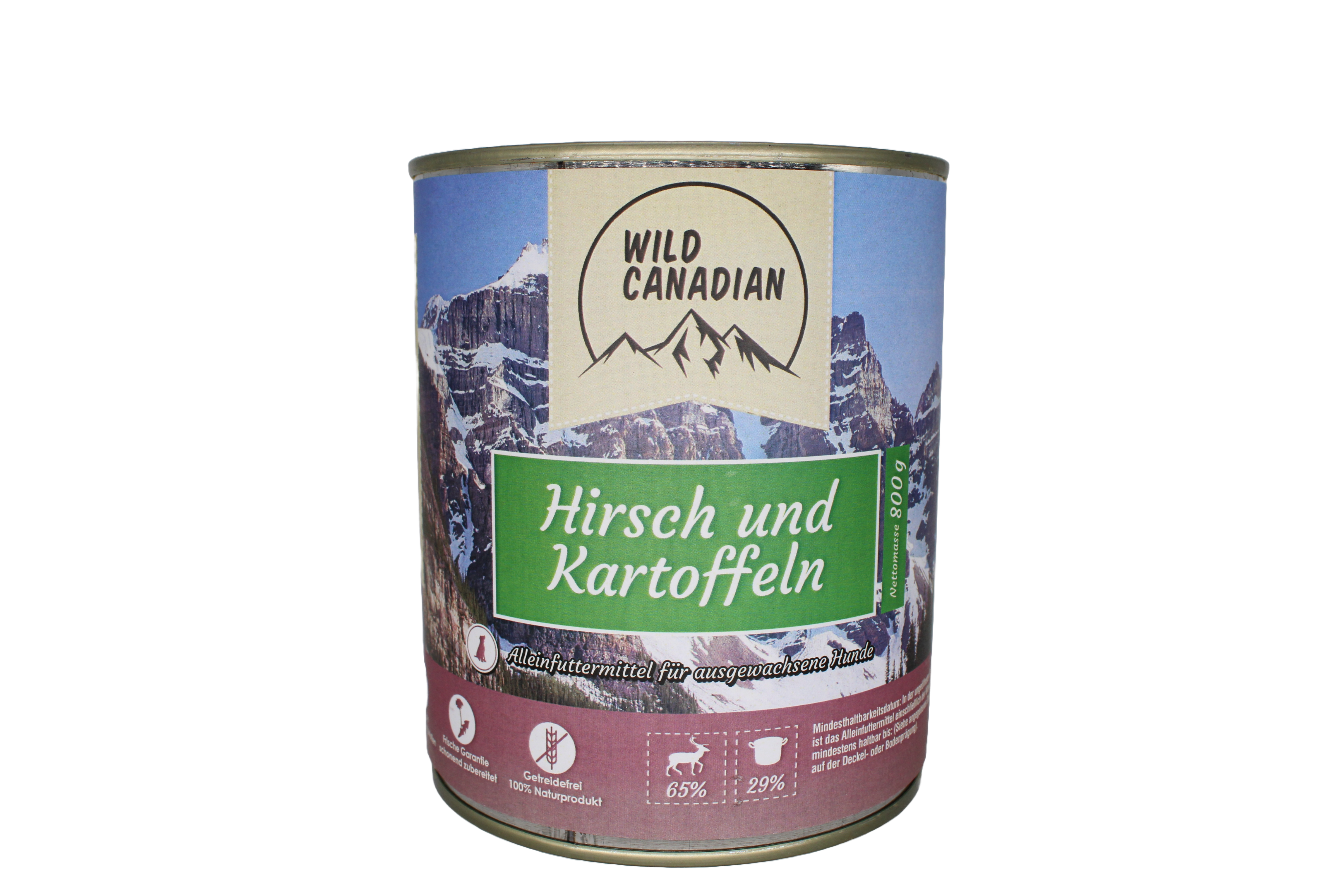 Eine Futterdose mit Gebirgsdesign und grünem Etikett mit der Aufschrift „Hirsch und Kartoffeln“. Unten Piktogramme zu Fleischanteil, Zutaten und Produkthinweisen.
