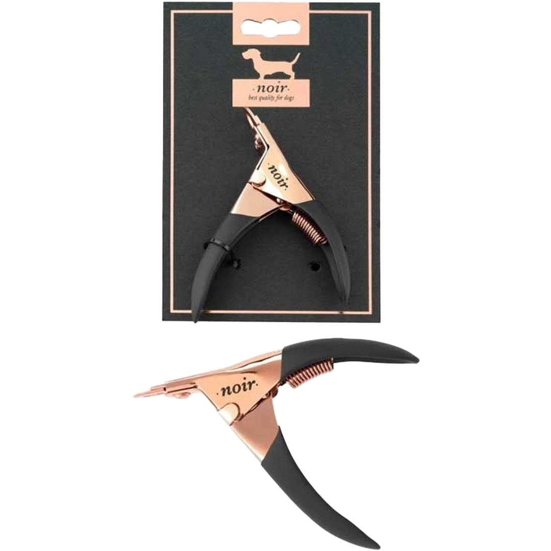 Krallenclipper mit roségoldenem Metallkörper und schwarzen Griffen, abgebildet einzeln und in Verpackung mit Hundegrafik.