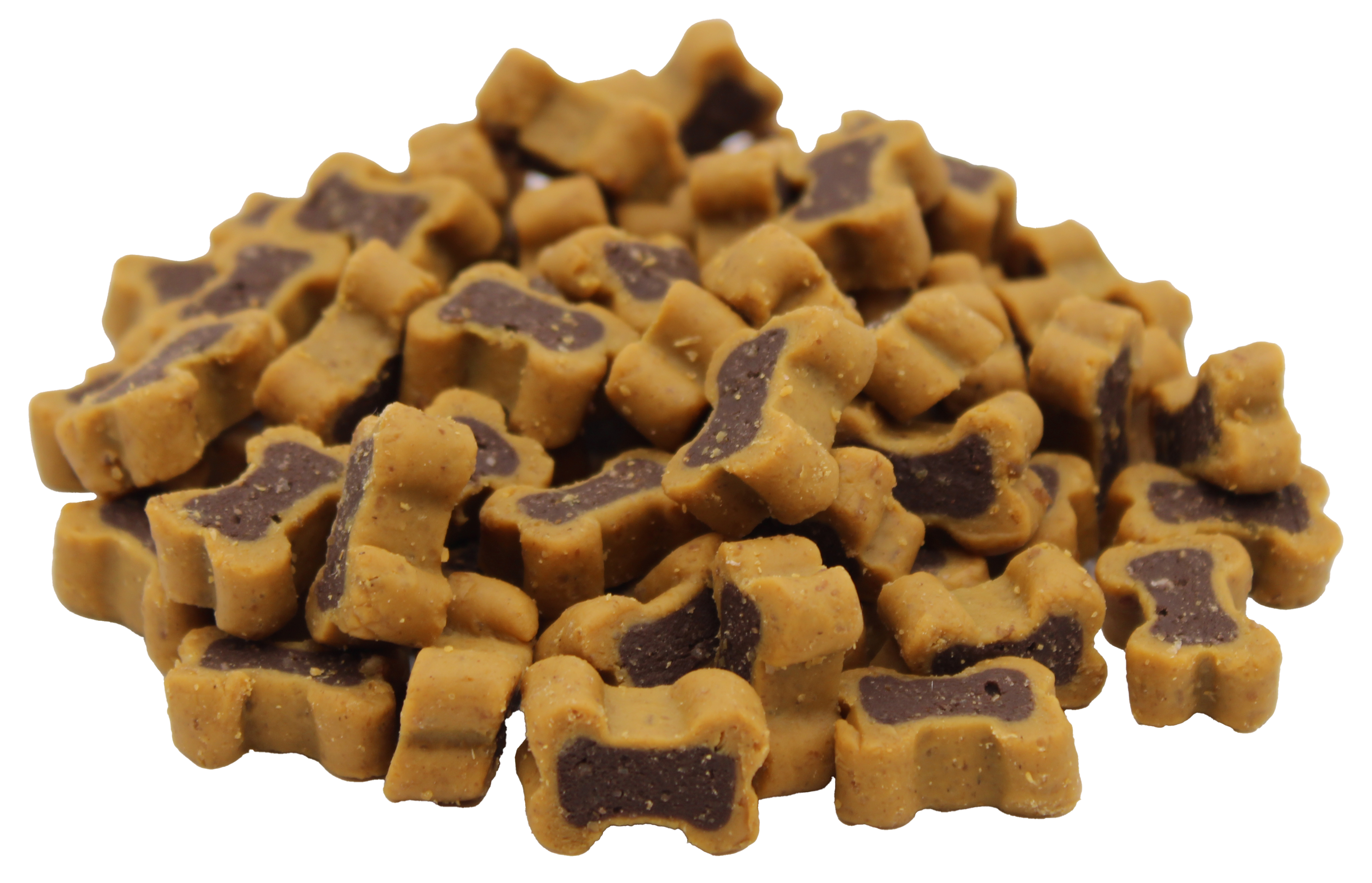 Knochenförmige Hunde-Leckerlis mit gelber Außenschicht und dunklem Zentrum. Die Snacks wirken weich in der Konsistenz