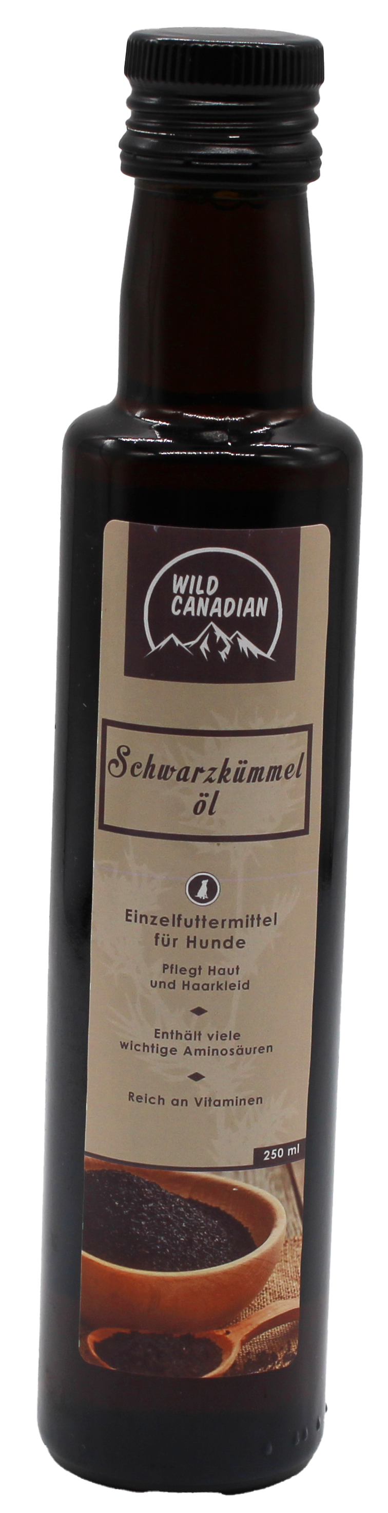 Eine kleine braune Glasflasche mit schwarzem Schraubverschluss und beigem Etikett mit der Aufschrift „Wild Canadian Schwarzkümmelöl“. Ergänzungsfuttermittel für Hunde.