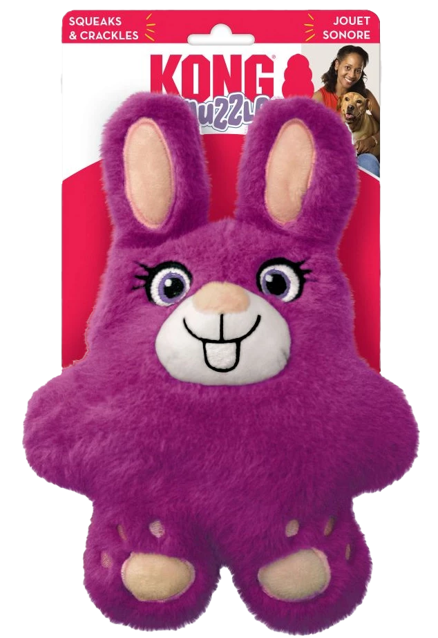 Lila Plüschspielzeug in Hasenform mit großen Ohren, zwei Schneidezähnen und Verpackung mit KONG-Logo.