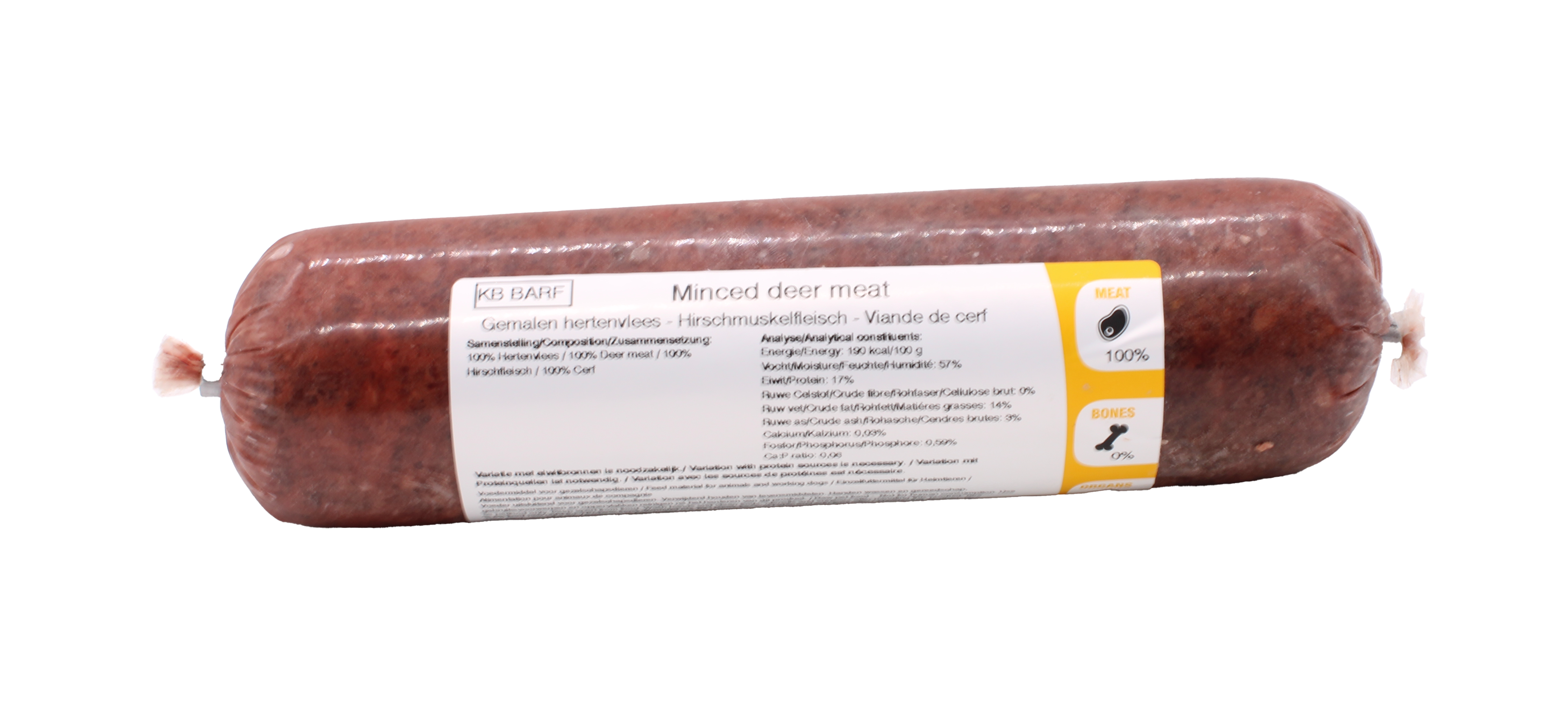 Eine Frostfleischrolle mit gleichmäßig hellbraun-rotem, fein gewolftem Inhalt und glatter, leicht glänzender Oberfläche. Die Rolle ist zylindrisch geformt und in nicht essbarem Kunstdarm verpackt.