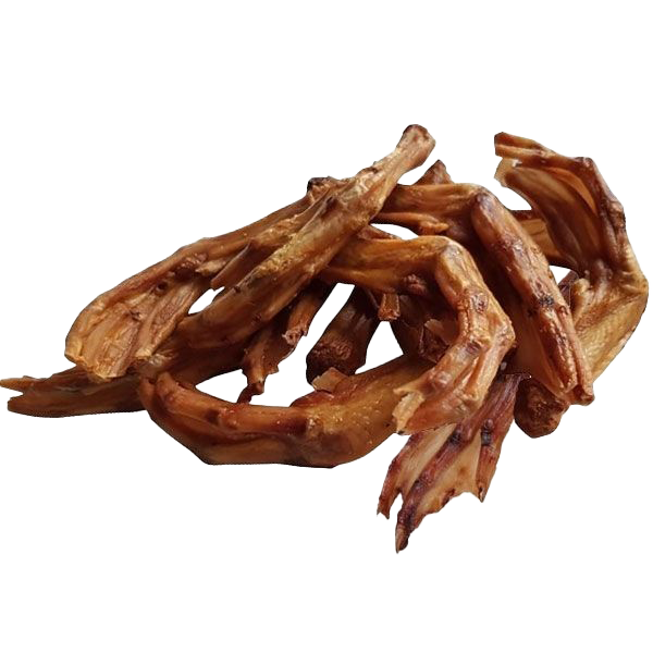 Mehrere getrocknete Entenfüße mit gebogener Form und sichtbaren Zehen. Die Oberfläche ist glänzend und rotbraun, mit knorpeligen, leicht durchscheinenden Stellen.