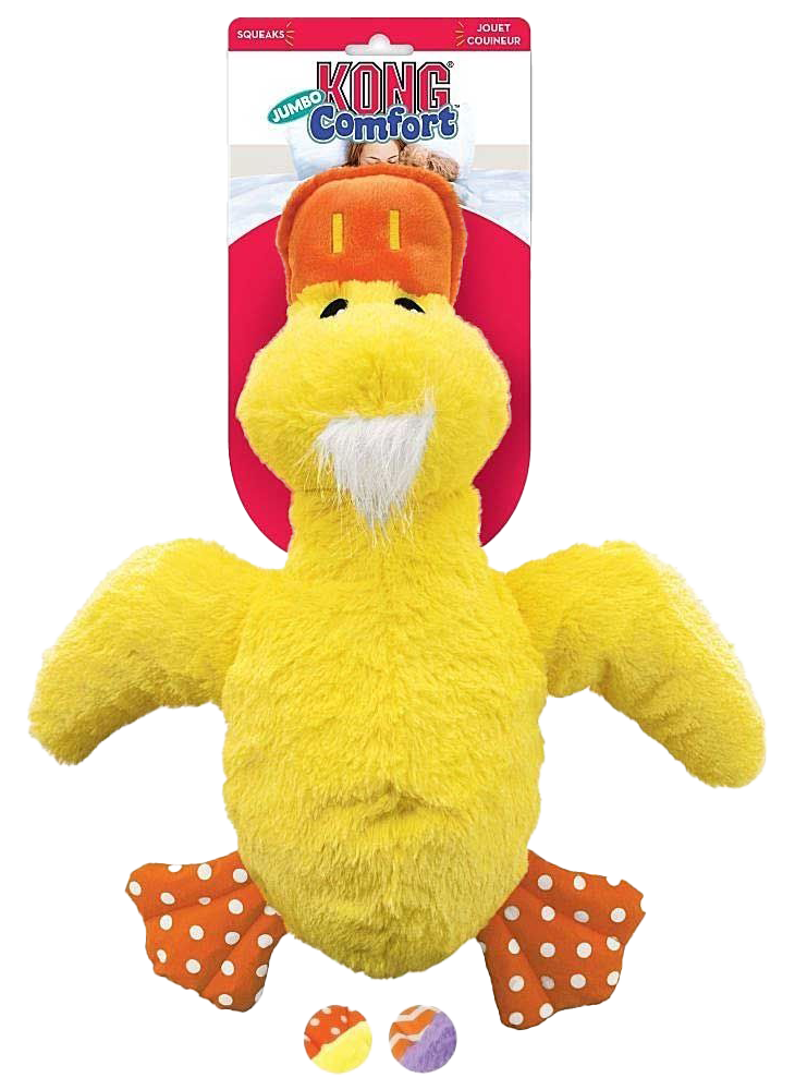 Gelbes Plüschspielzeug in Entenform mit orangefarbenem Schnabel und Füßen mit weißen Punkten, dazu zwei kleine Bälle in Gelb und Lila.