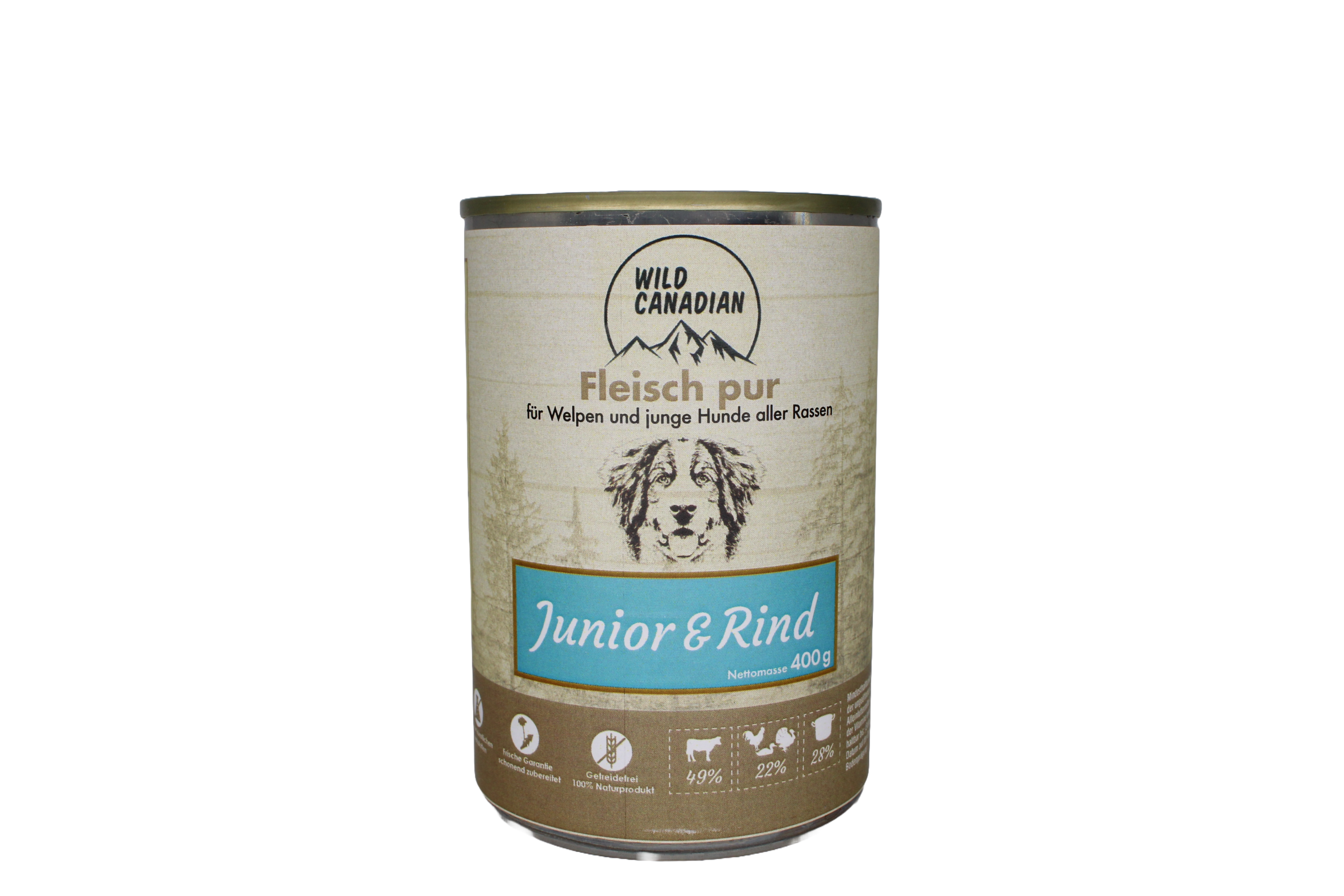 Eine Hundefutterdose mit beigem Etikett und der Aufschrift „Junior & Rind“. Unten sind Symbolbilder von Rind, Geflügel und Becher auf braunem Hintergrund zu sehen.