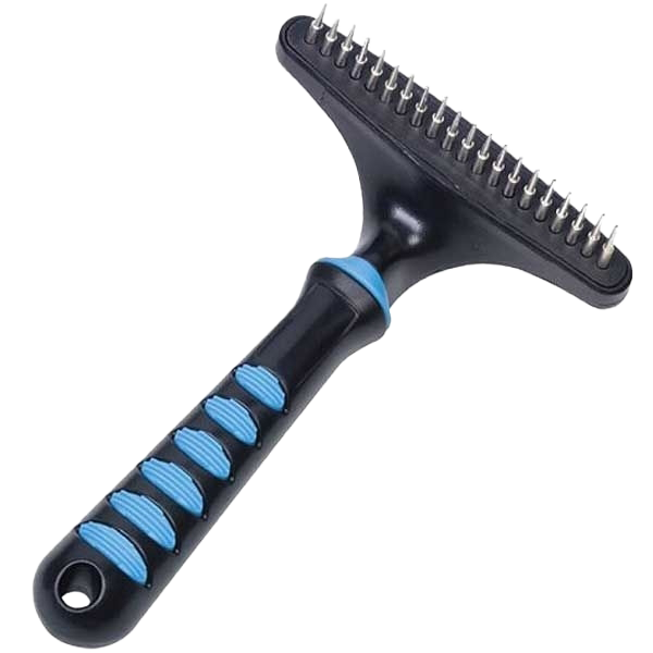 Entfilzungskamm mit schwarzem Griff, blauen Gummieinsätzen und gebogenen Metallzinken zur Entfernung von Verfilzungen.