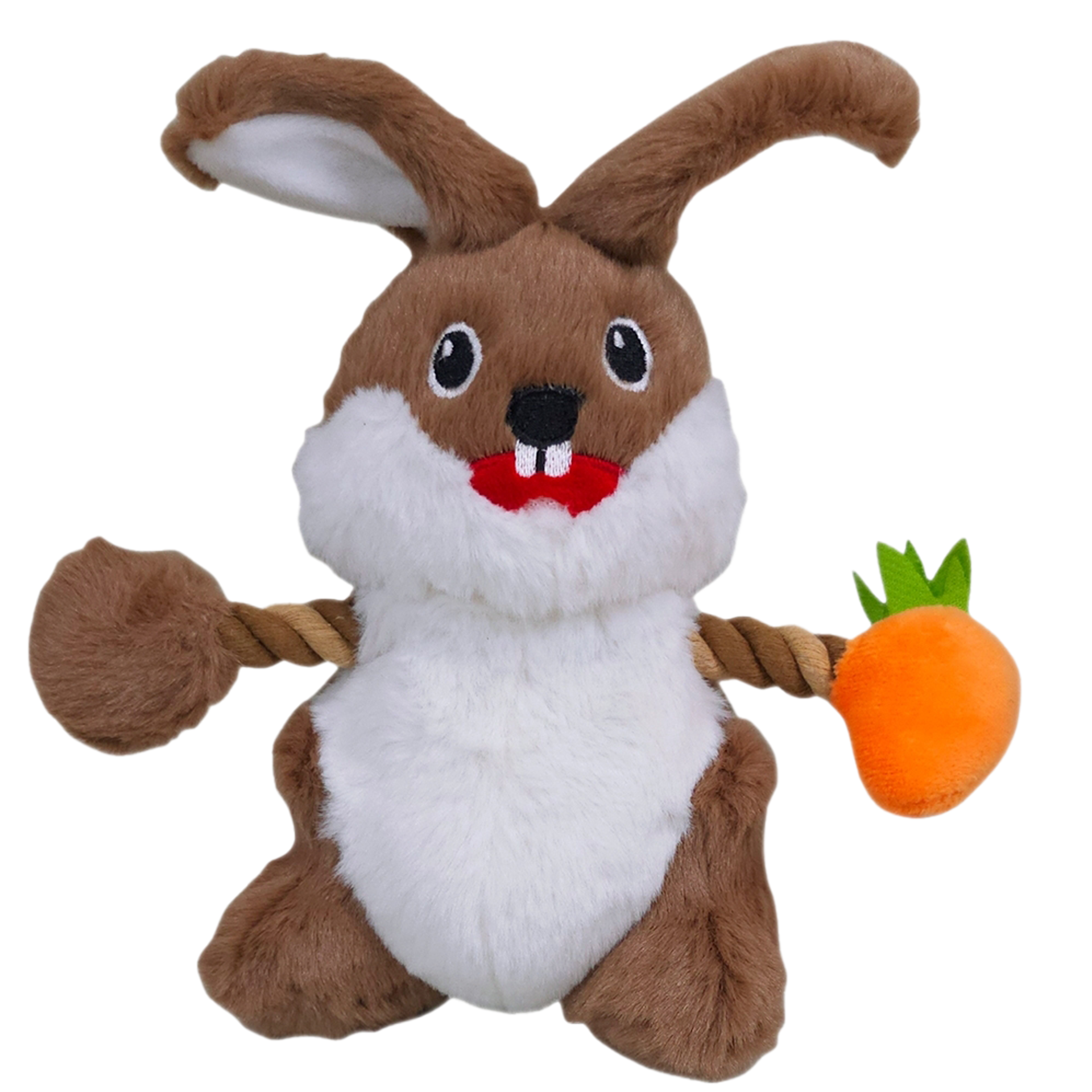 Braunes, flauschiges Hasen-Kuscheltier mit weißem Bauch und Gesicht, großen Augen, rotem Mund mit zwei Zähnen, Seilarmen und einer orangefarbenen Karotte in der rechten Hand vor hellem Hintergrund.