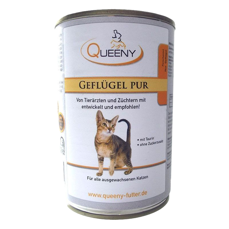 Dose Katzenfutter der Marke Queeny mit gelbem Etikett, Aufschrift ‚Geflügel pur‘ sowie weiteren Angaben zur Zusammensetzung und Eignung.