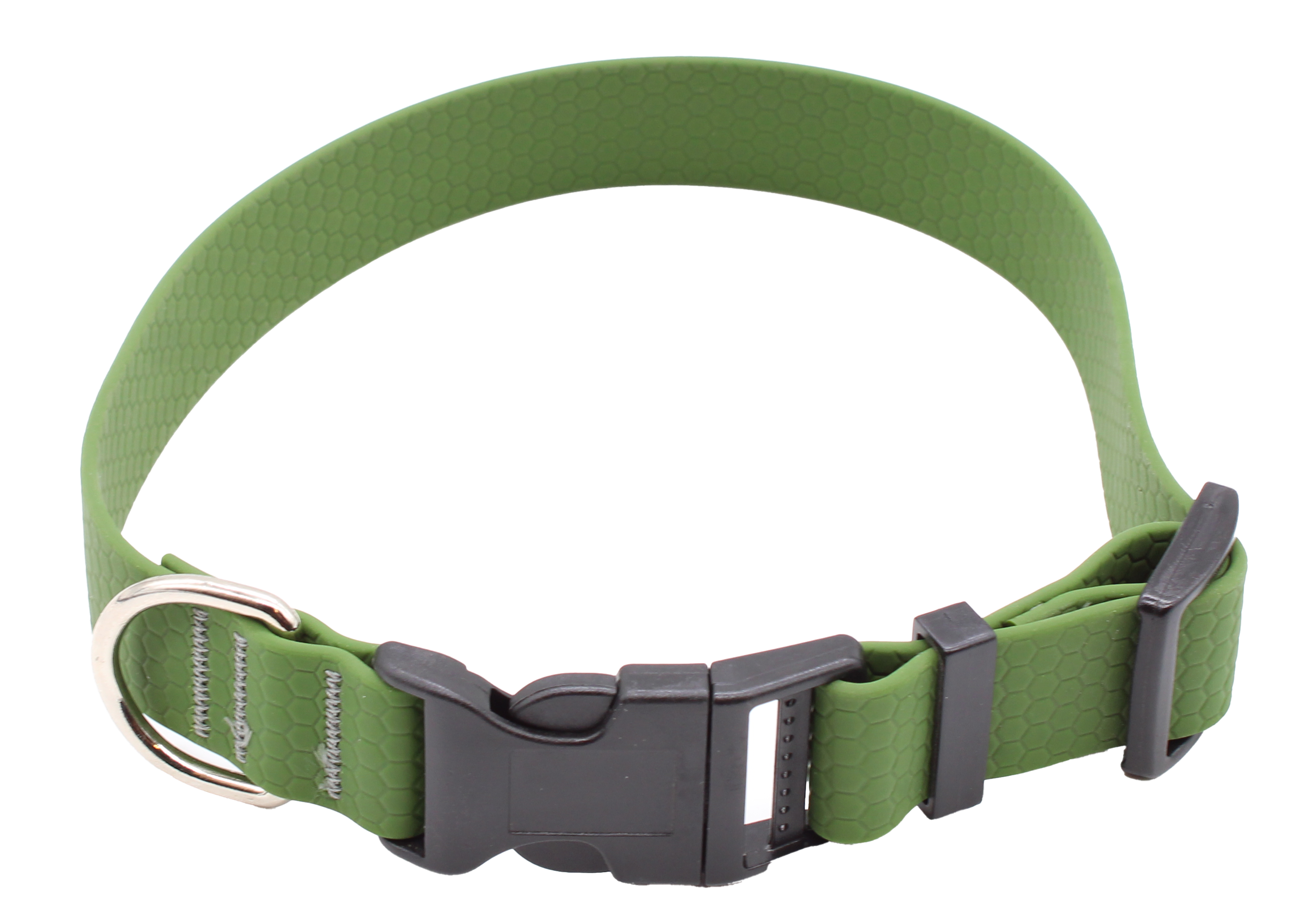 Hundehalsband mit verstellbarem Riemen, Kunststoffschnalle und Metallring, strukturierte Oberfläche, Farbe: Olivgrün.
