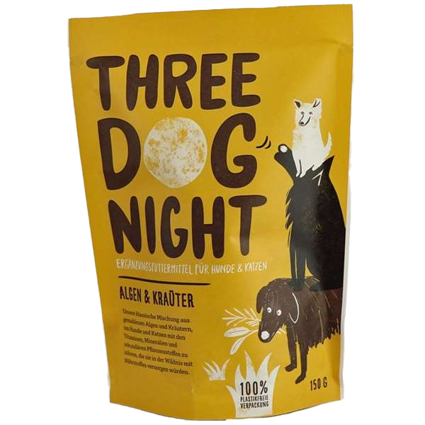 Verpackung von Three Dog Night Algen & Kräuter, Ergänzungsfutter für Hunde & Katzen, mit türkisfarbenem Design und Hinweis auf 100 % plastikfreie Verpackung, 150 g.