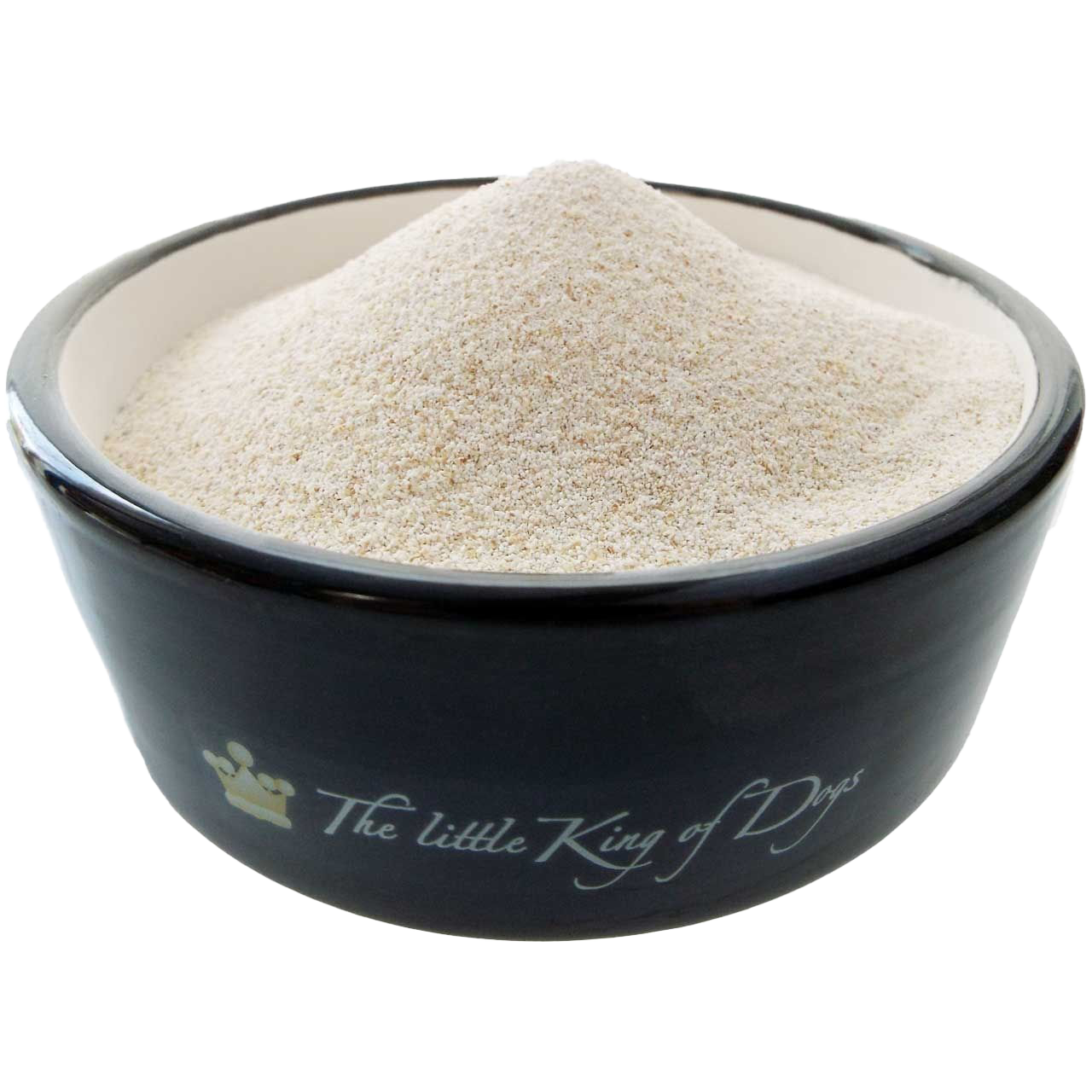  Eine schwarze Keramikschale mit heller Innenwand, gefüllt mit feinem, hellbeigem Pulver mit gleichmäßiger Struktur, auf weißem Hintergrund.