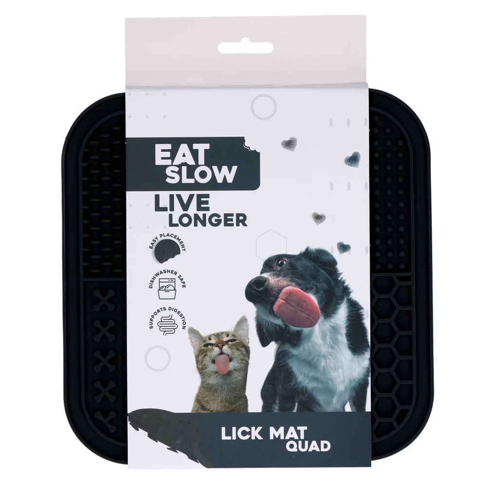 Graue Schleckmatte ‚Eat Slow Live Longer – Lick Mat Quad‘ für Hunde und Katzen, in Verpackung mit Tierabbildungen und Hinweisen zu Zahnpflege, Anwendung und Verdauungsförderung.