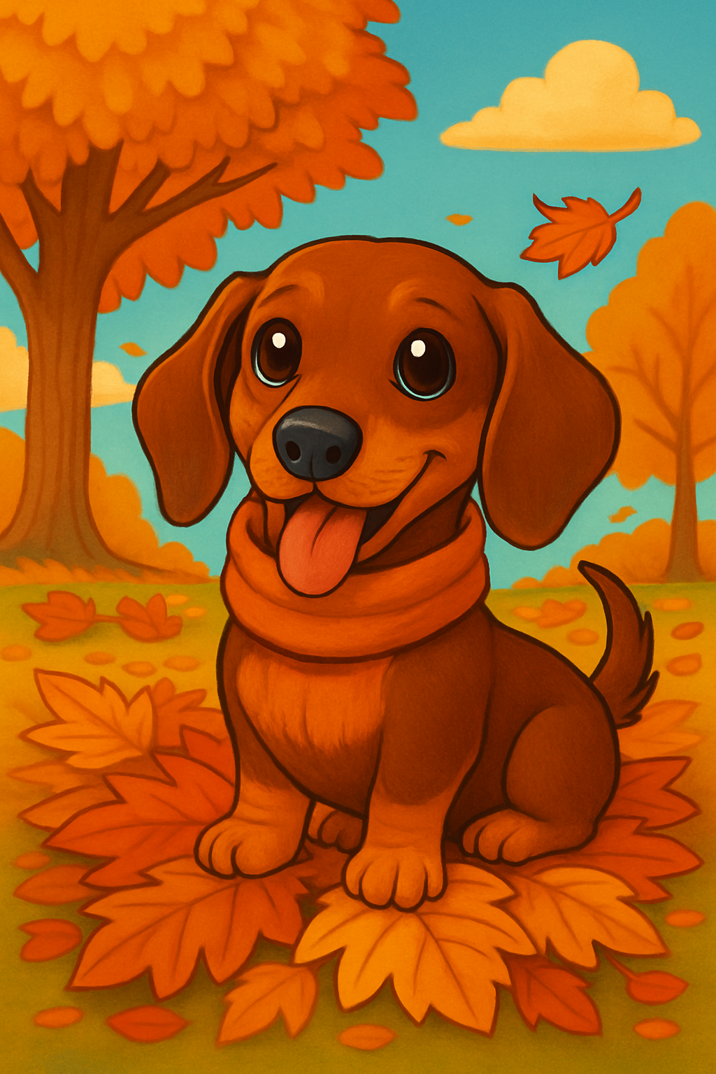 Ein fröhlicher brauner Dackel mit orangefarbenem Schal sitzt auf bunten Herbstblättern, umgeben von orangefarbenen Bäumen, fallenden Blättern und blauem Himmel mit Wolken.