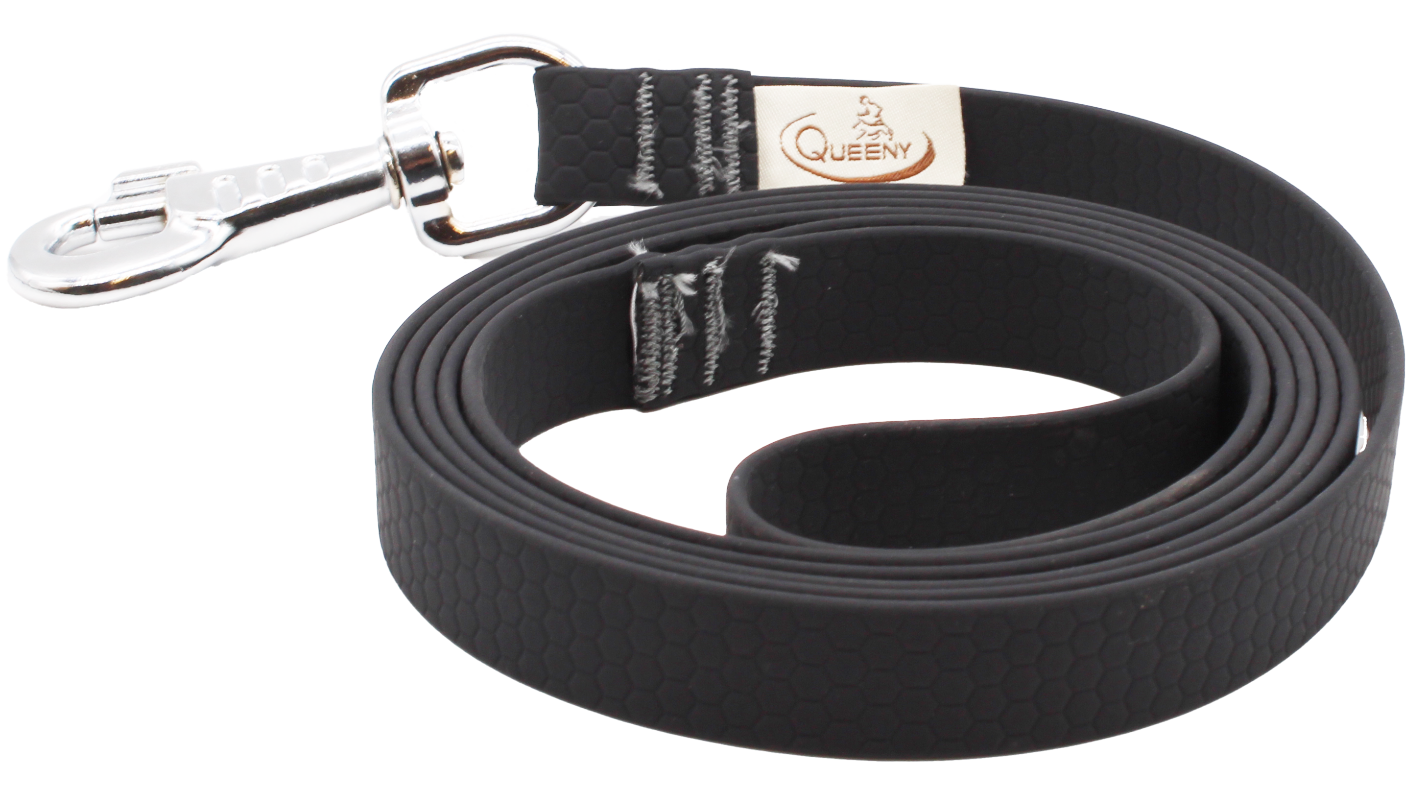 Hundeleine in Schwarz mit strukturierter Oberfläche, Metallkarabiner am Ende und kleinem Label nahe dem Verschluss.