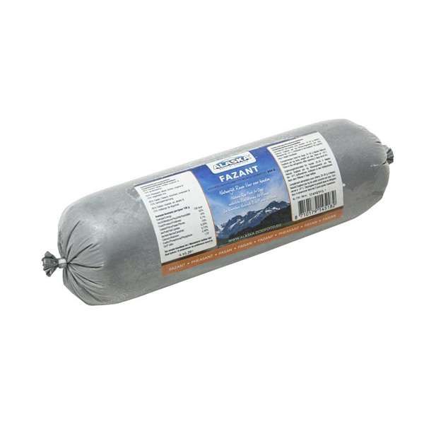 Eine Frostfleischrolle mit silbernem Kunstdarm und der Aufschrift „Fasan“. Verpackt in einem nicht essbaren Kunstdarm. Die Füllung ist nicht sichtbar.