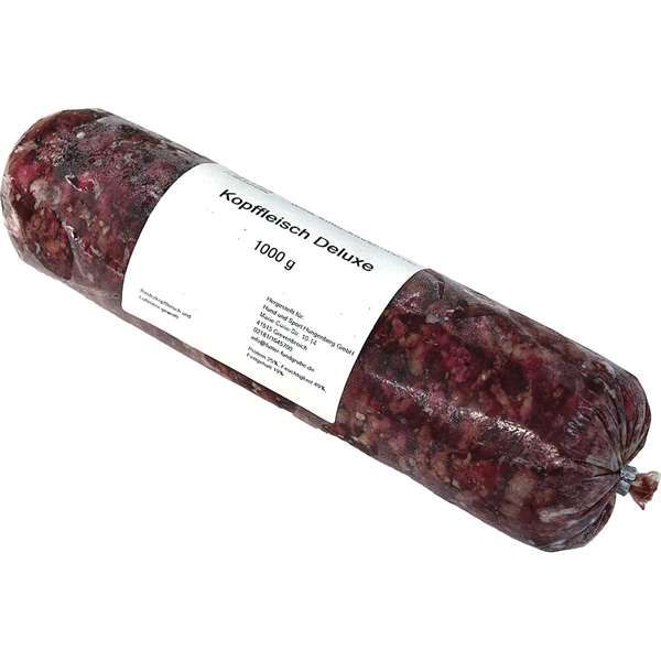 Vakuumverpackte Wurstrolle mit der Aufschrift „Kopffleisch Deluxe – 1000 g“, verpackt in einem nicht essbaren Kunstdarm. Das Einzelfuttermittel für Hunde enthält besonders hochwertiges, grob gewolftes Rinderkopffleisch zur artgerechten Rohfütterung